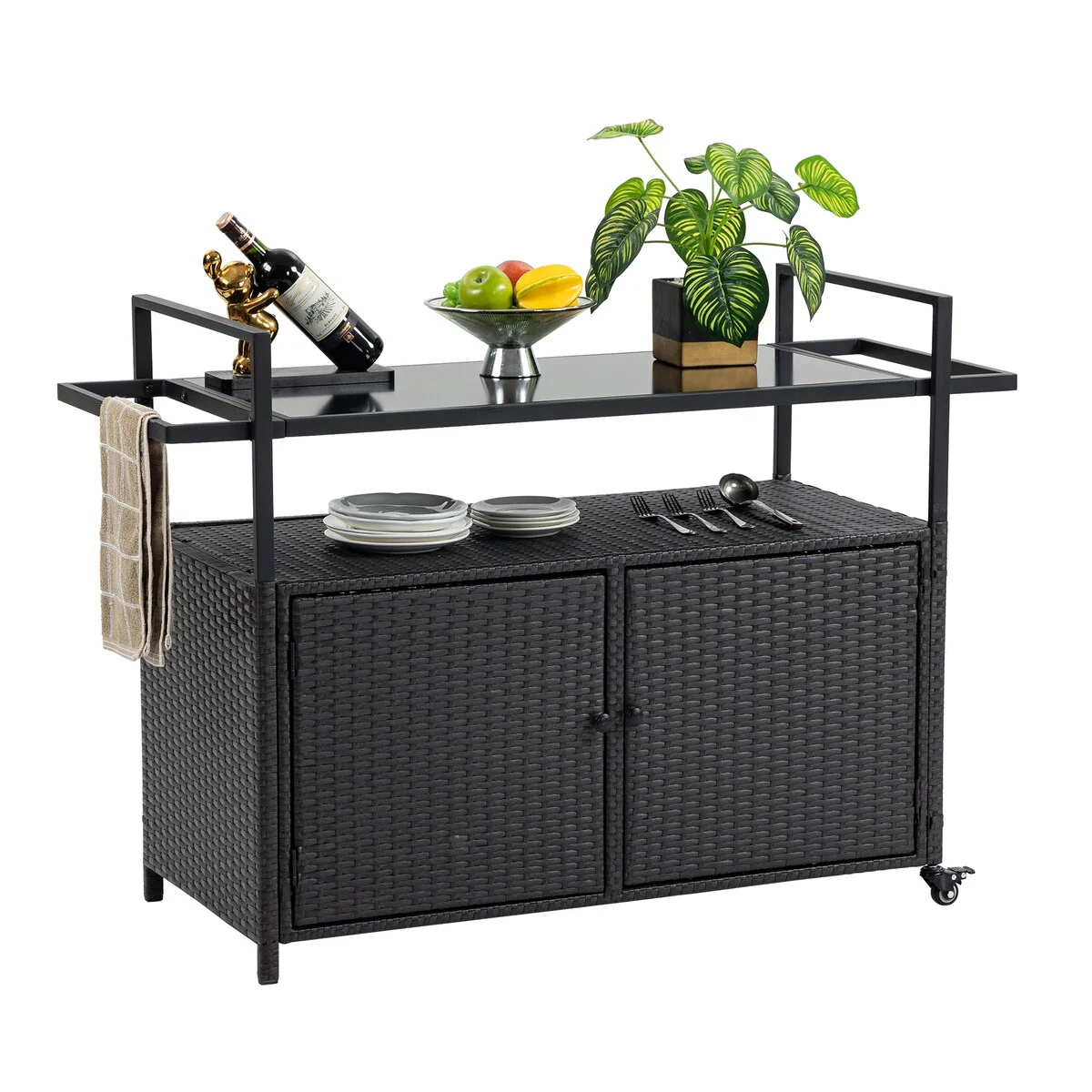 Outdoor Wicker Patio Wine Serving Cart with Wheels,Glass Top for Porch Backyard Garden Poolside Party
