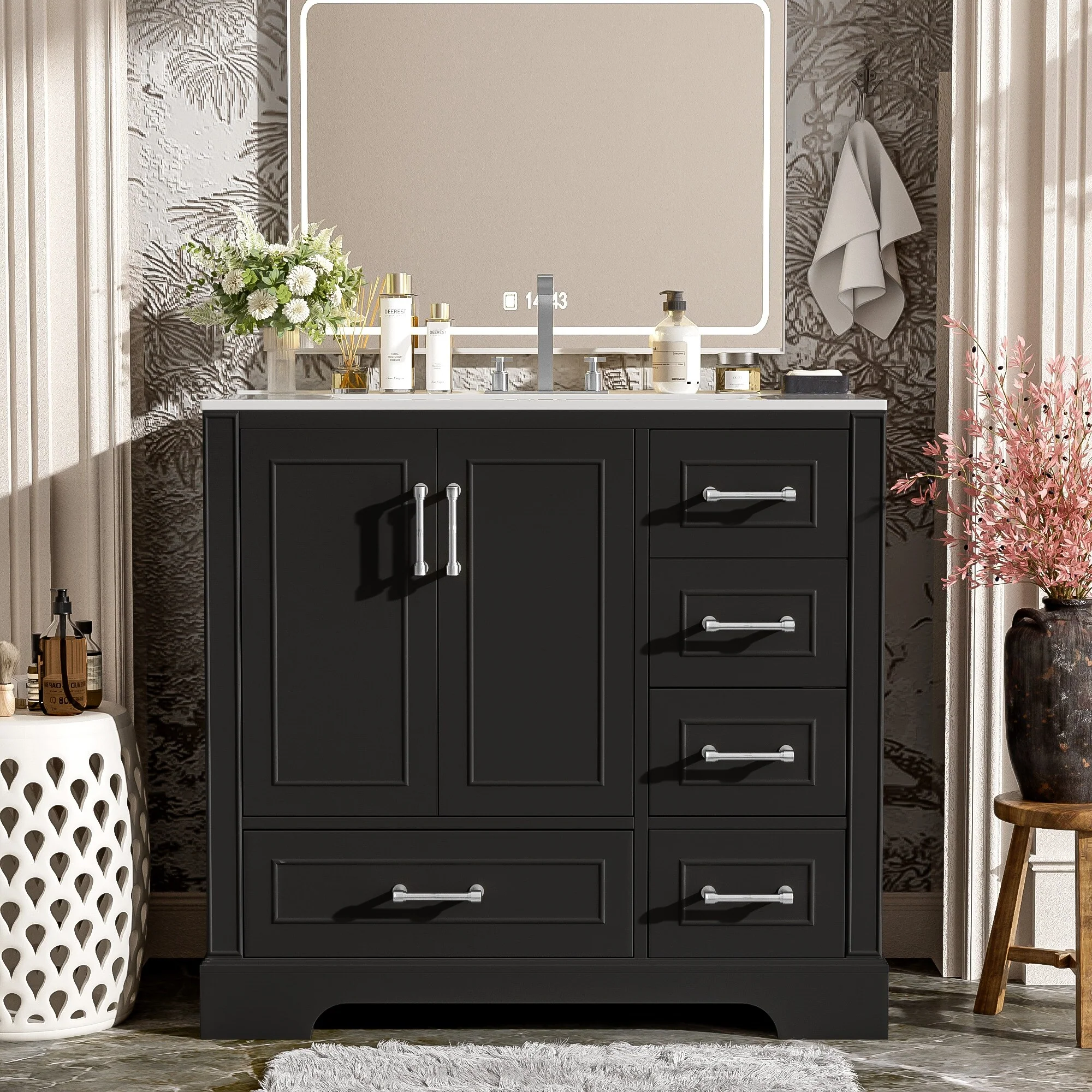Bathroom Vanity with Resin Sink, Bathroom Vanity Set with 4 Drawers, Bathroom Storage Cabinet with 2 Soft Close Doors