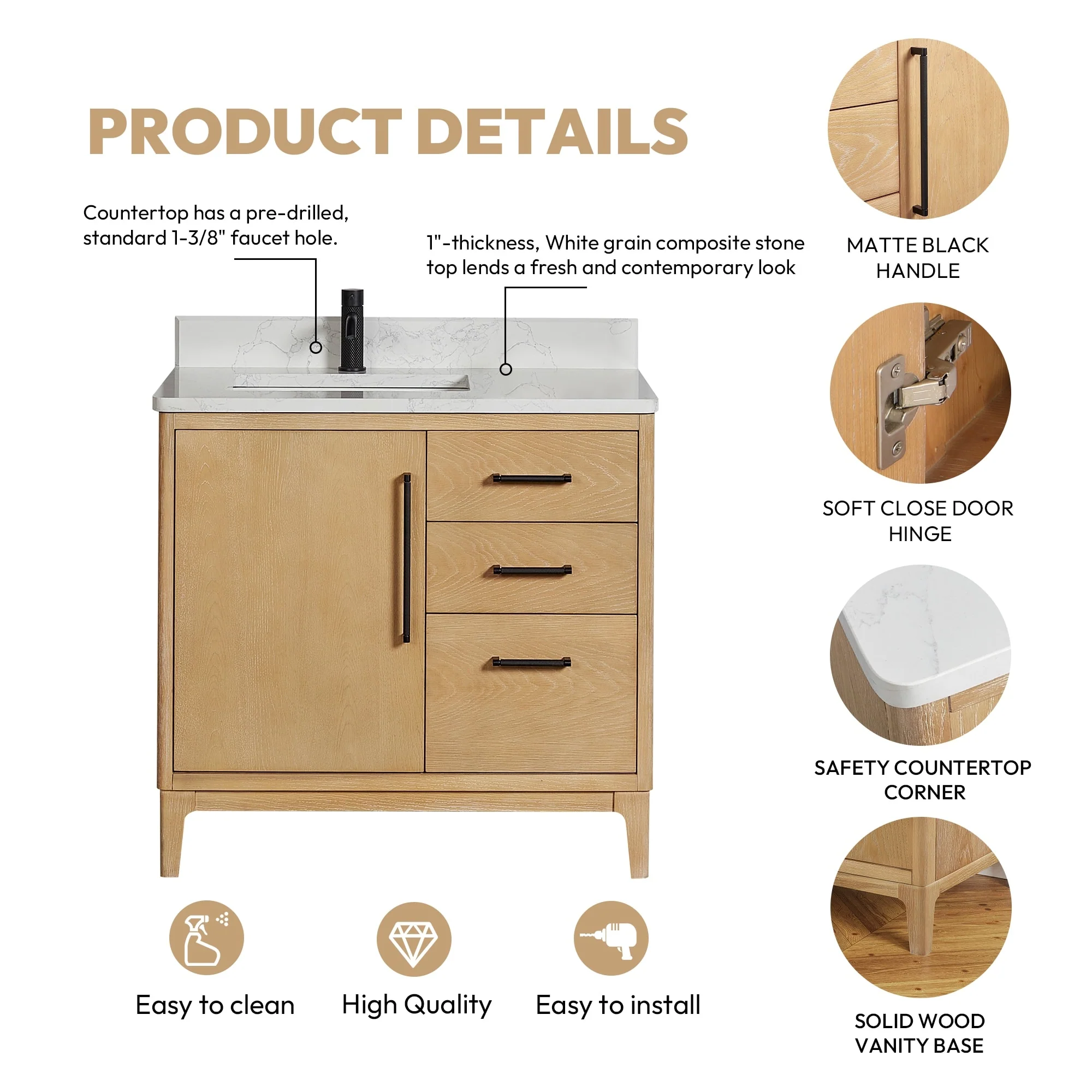 Gara Single Bath Vanity with Composite Stone Top and Mirror