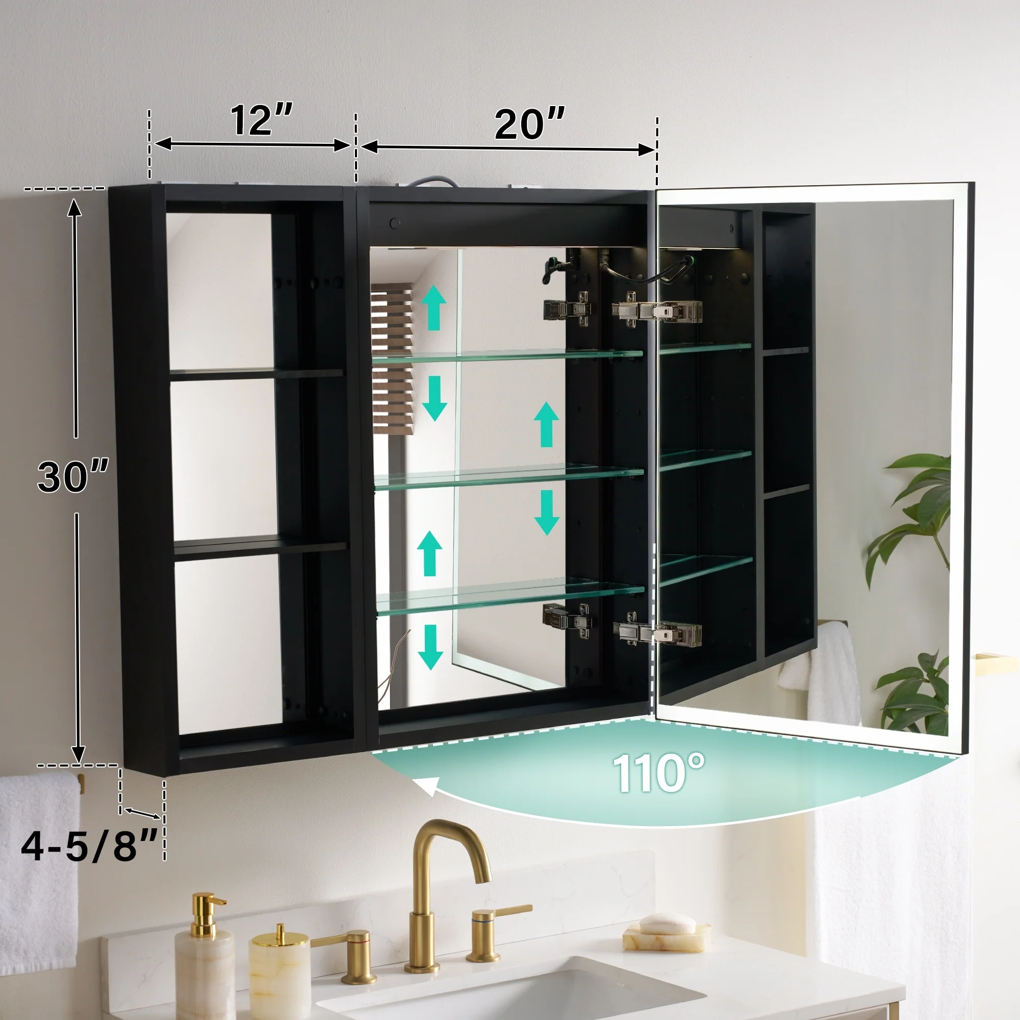 30 in. H Recessed or Surface Wall Mounted LED Mirror Cabinet With Black Side Cabinet
