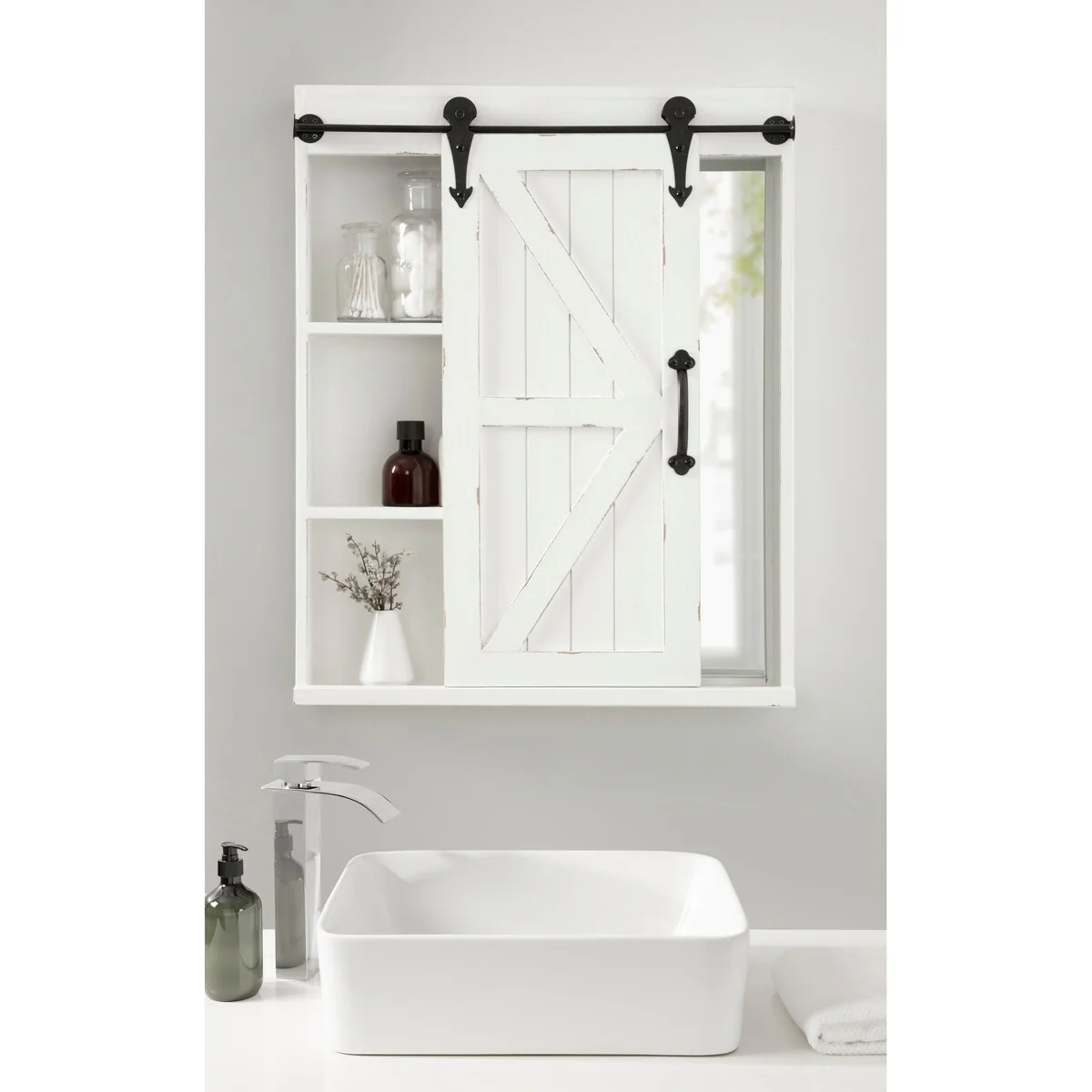 Cates Decorative Wood Wall Cabinet with Vanity Mirror and Barn Door