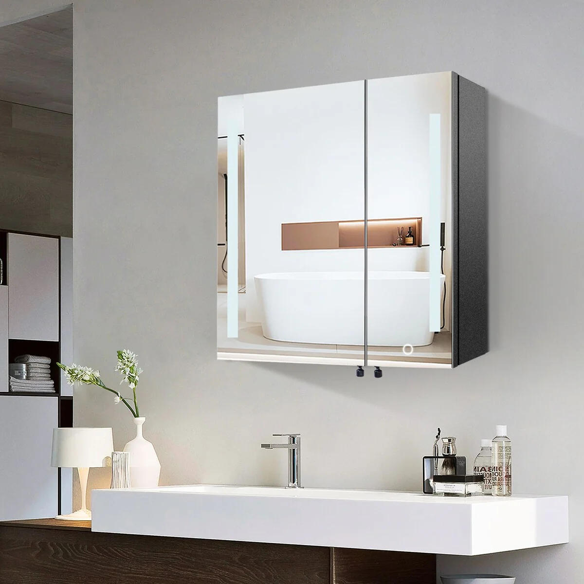 30x26 inch Black LED Mirror Medicine Cabinet Surface, Defogger, Anti-Fog,Dimmable Lights Brightness Memory