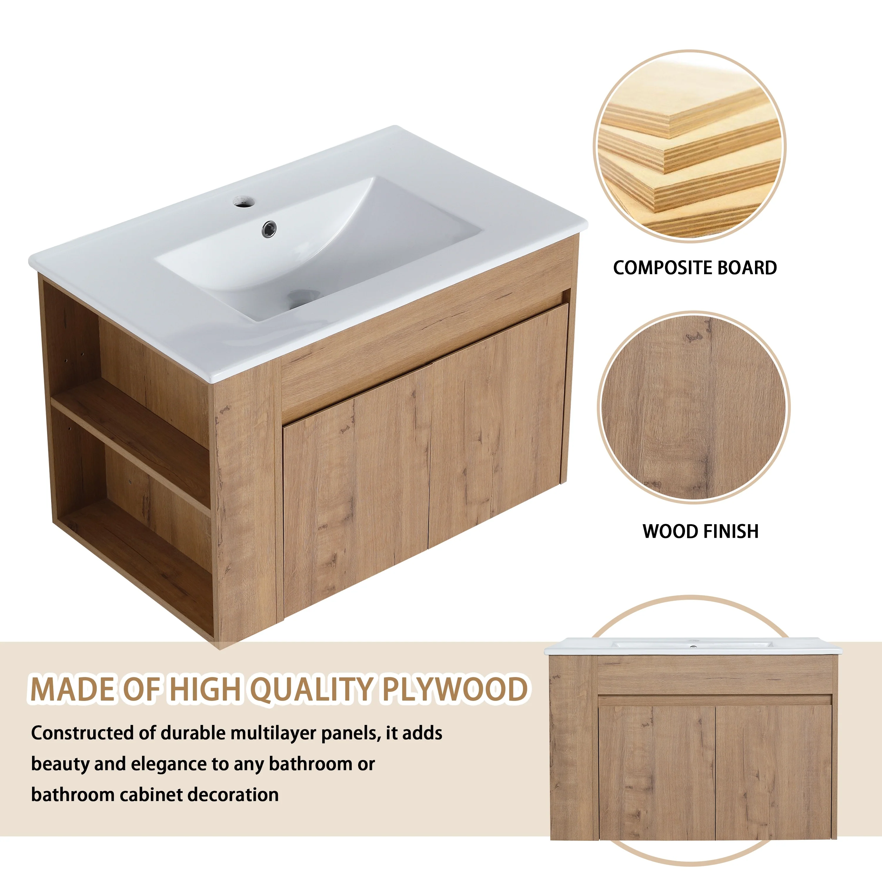 Beingnext 30 Inch Bathroom Vanity with Sink, Single Sink Floating Bathroom Vanity with Soft Close Door and Shelf