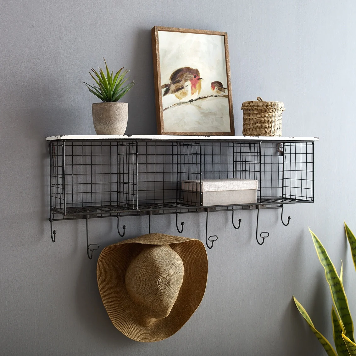 Linon Four Cubby Wall Shelf with Hooks