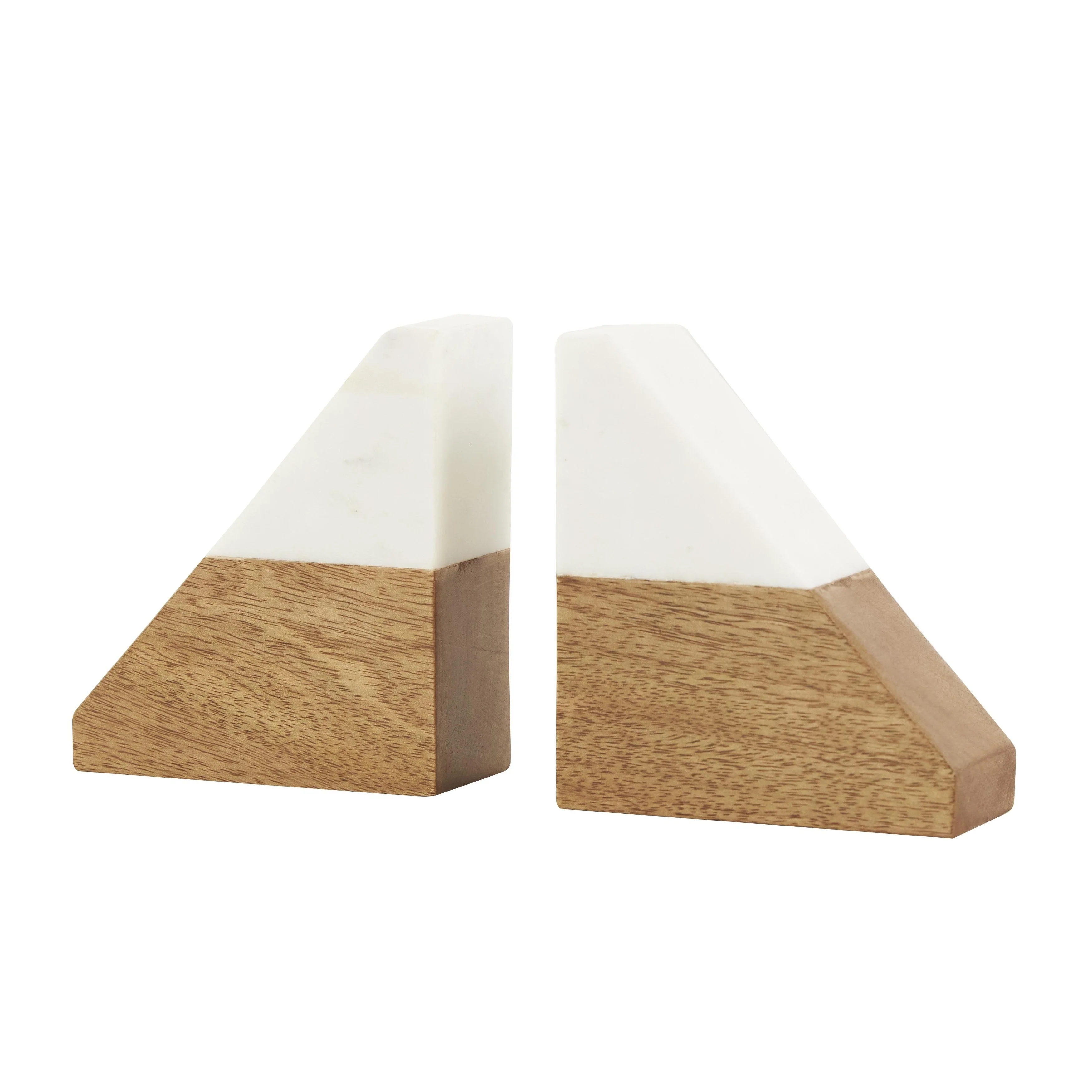 Mango Wood Geometric Triangle 3 lbs Decorative Bookends with White Marble Tops - Set of 2 Brown - Roche River Decor