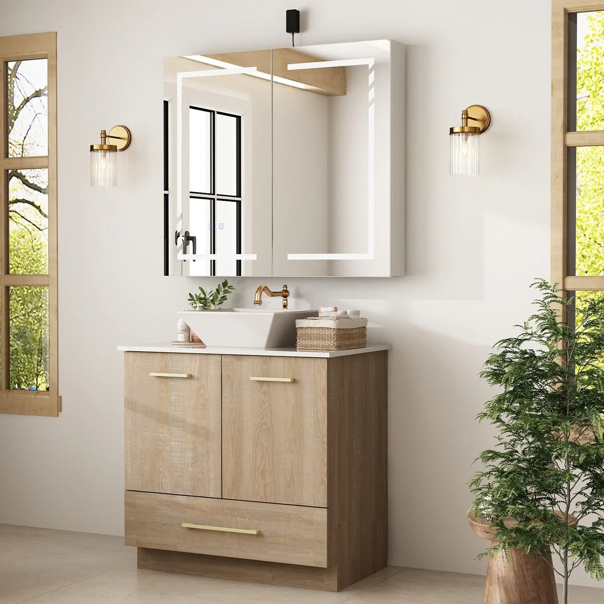 Bathroom Vanity with Ceramic Basin and Modern Medicine Cabinet Combo
