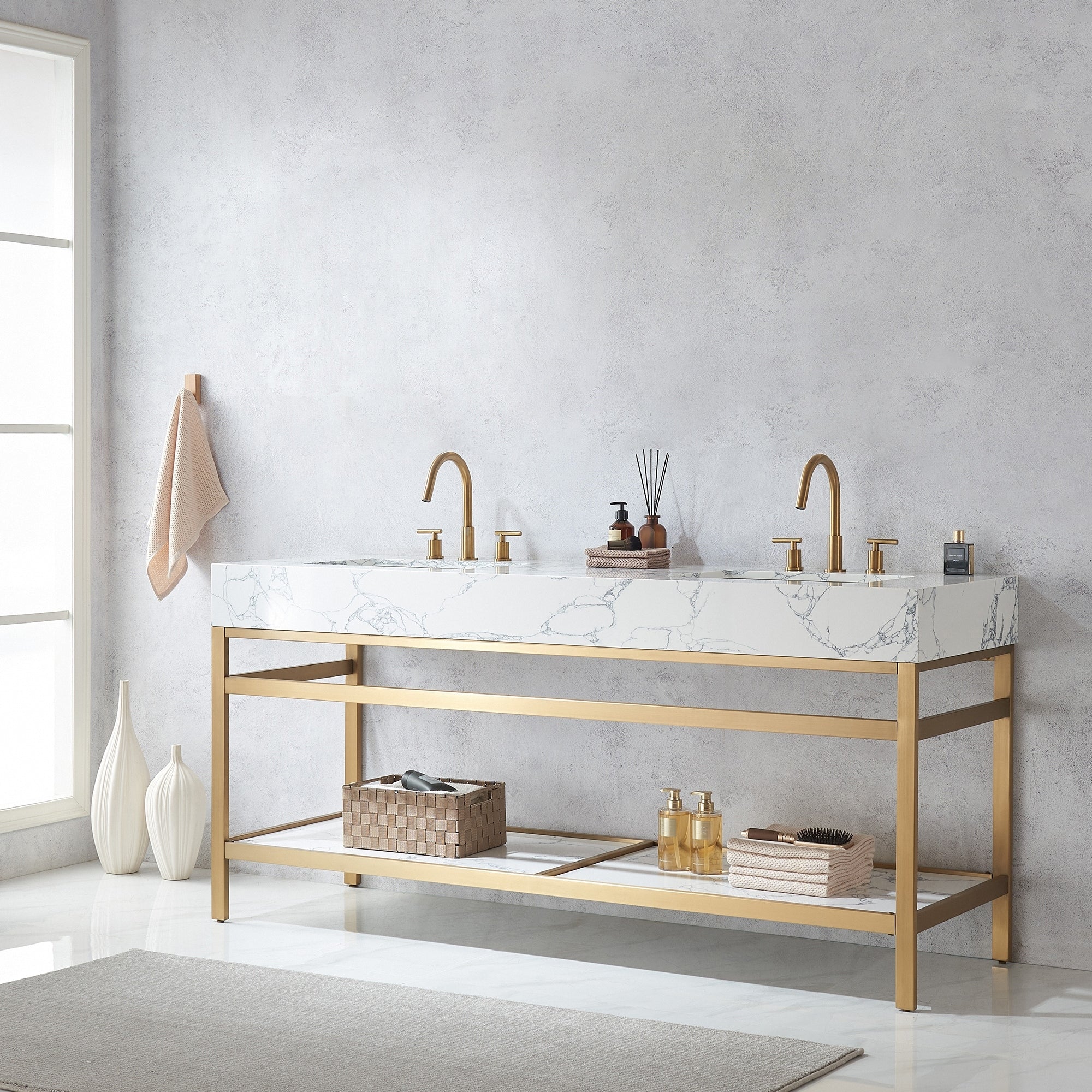 Ecija Bath Vanity, Metal Support with Composite Stone Top, no Mirror