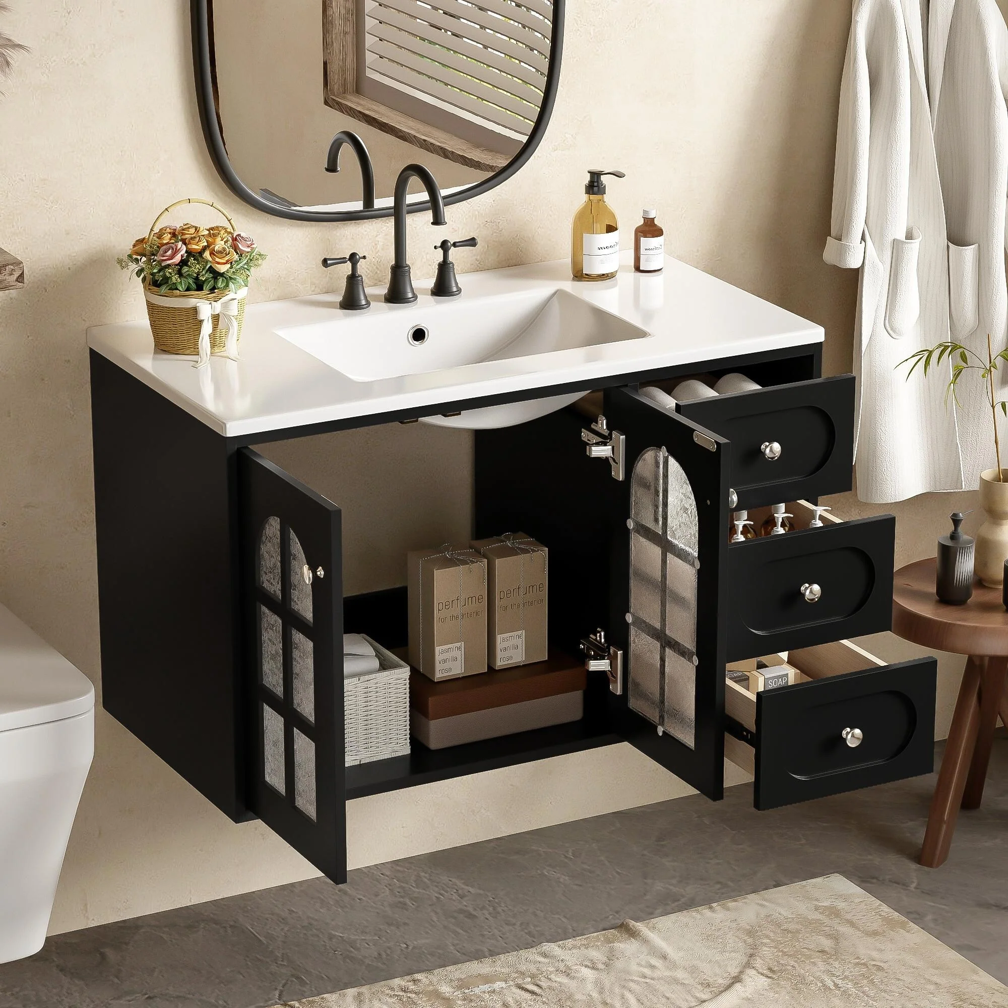 GDFStudio 36 Inch Floating Bathroom Vanity with Ceramic Sink, Wall Mounted Bathroom Cabinet with 3 Drawers