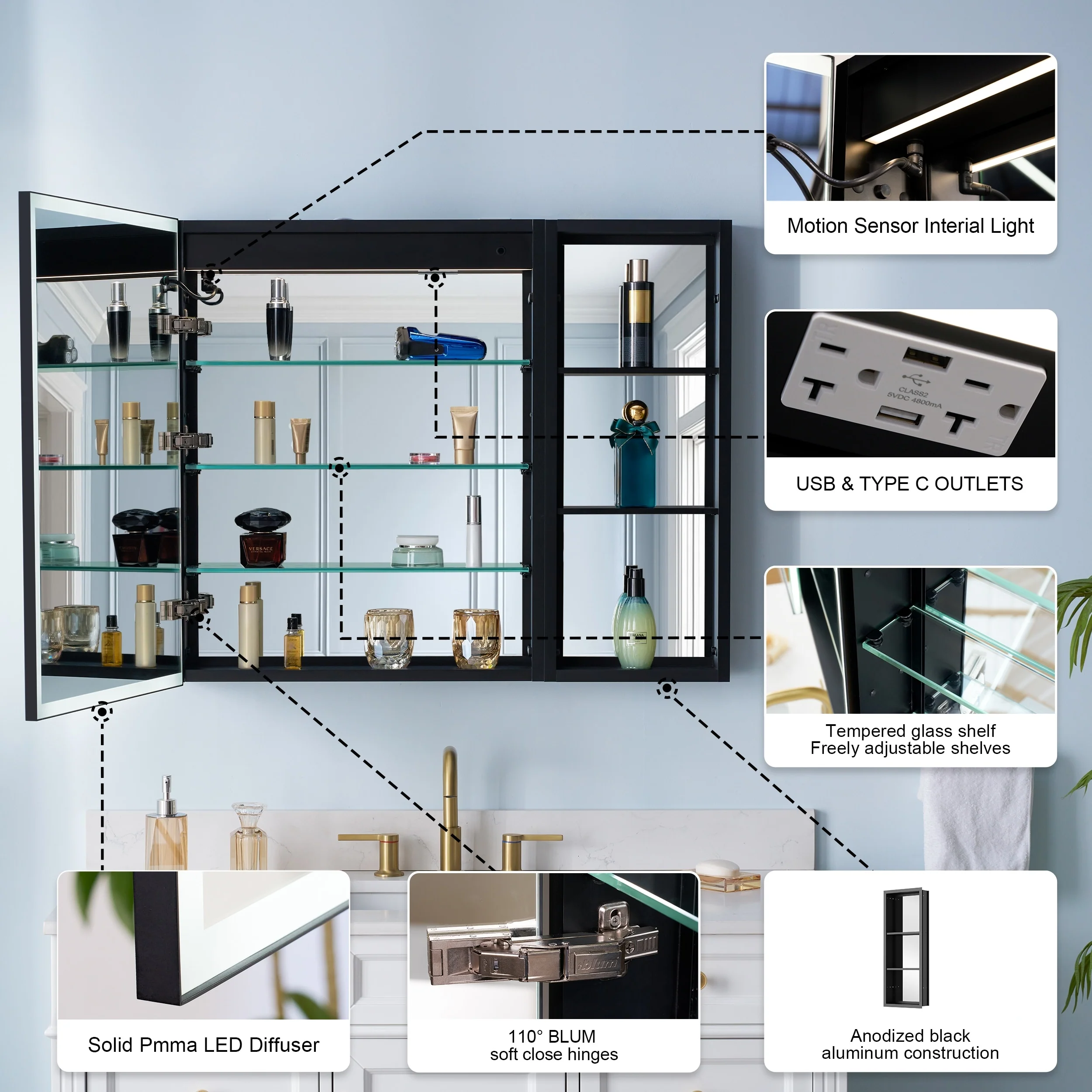 30 in. H Recessed or Surface Wall Mounted LED Mirror Cabinet With Black Side Cabinet