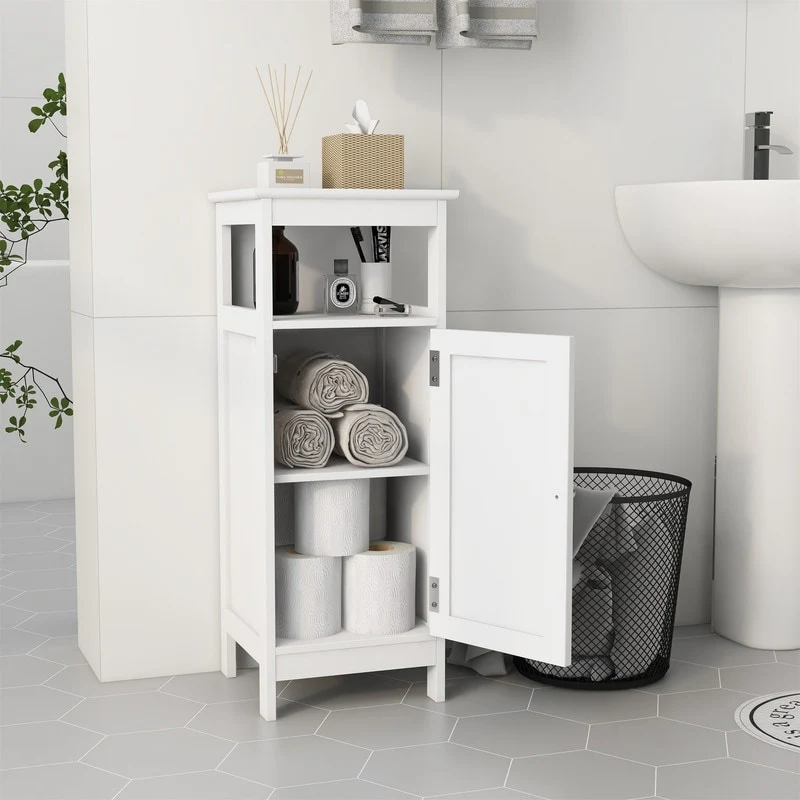 White Bathroom Floor Cabinet with Single Door, Freestanding Cupboard, Storage Organizer
