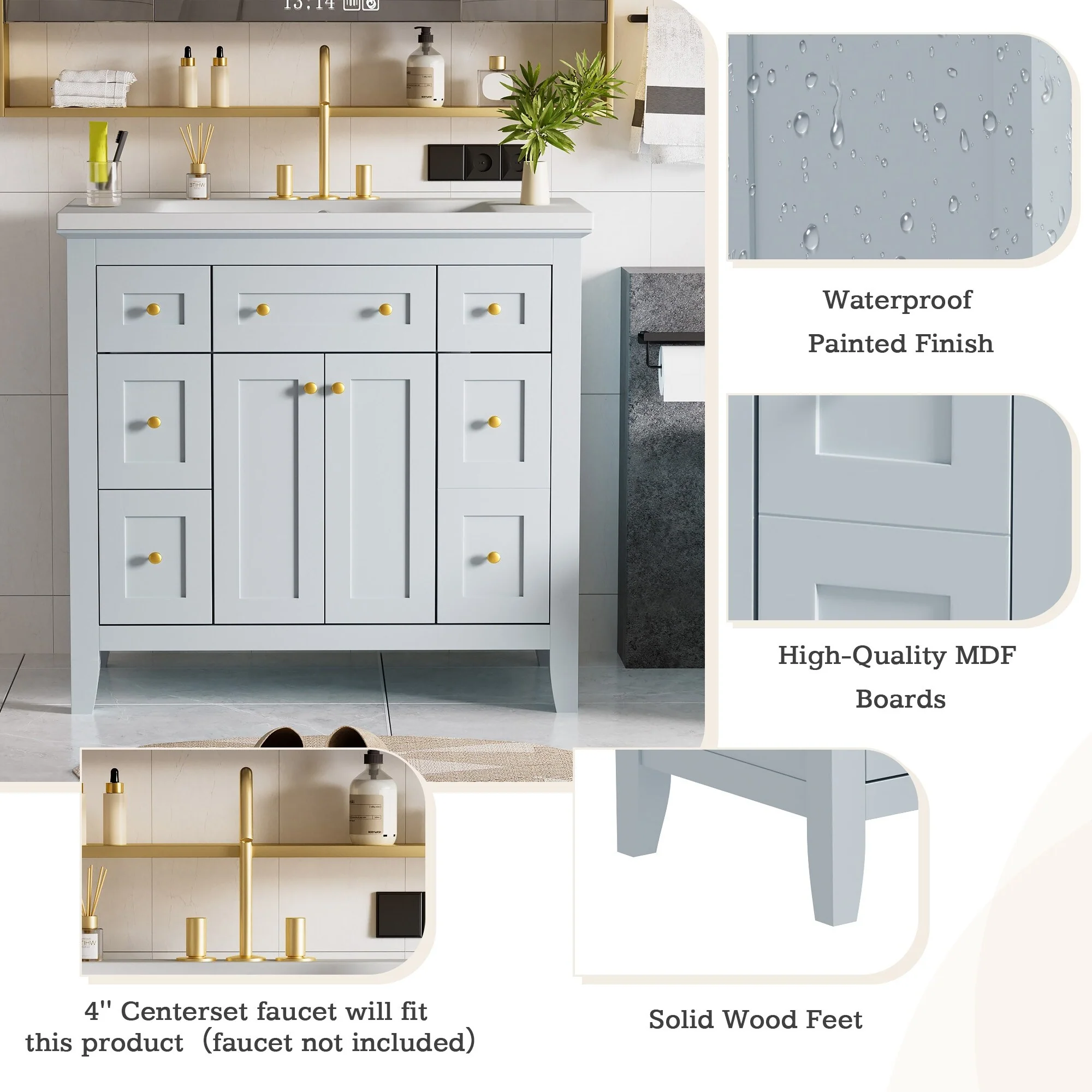Modern Freestanding Single Bathroom Cabinet with 6 Drawers 2 Cabinets