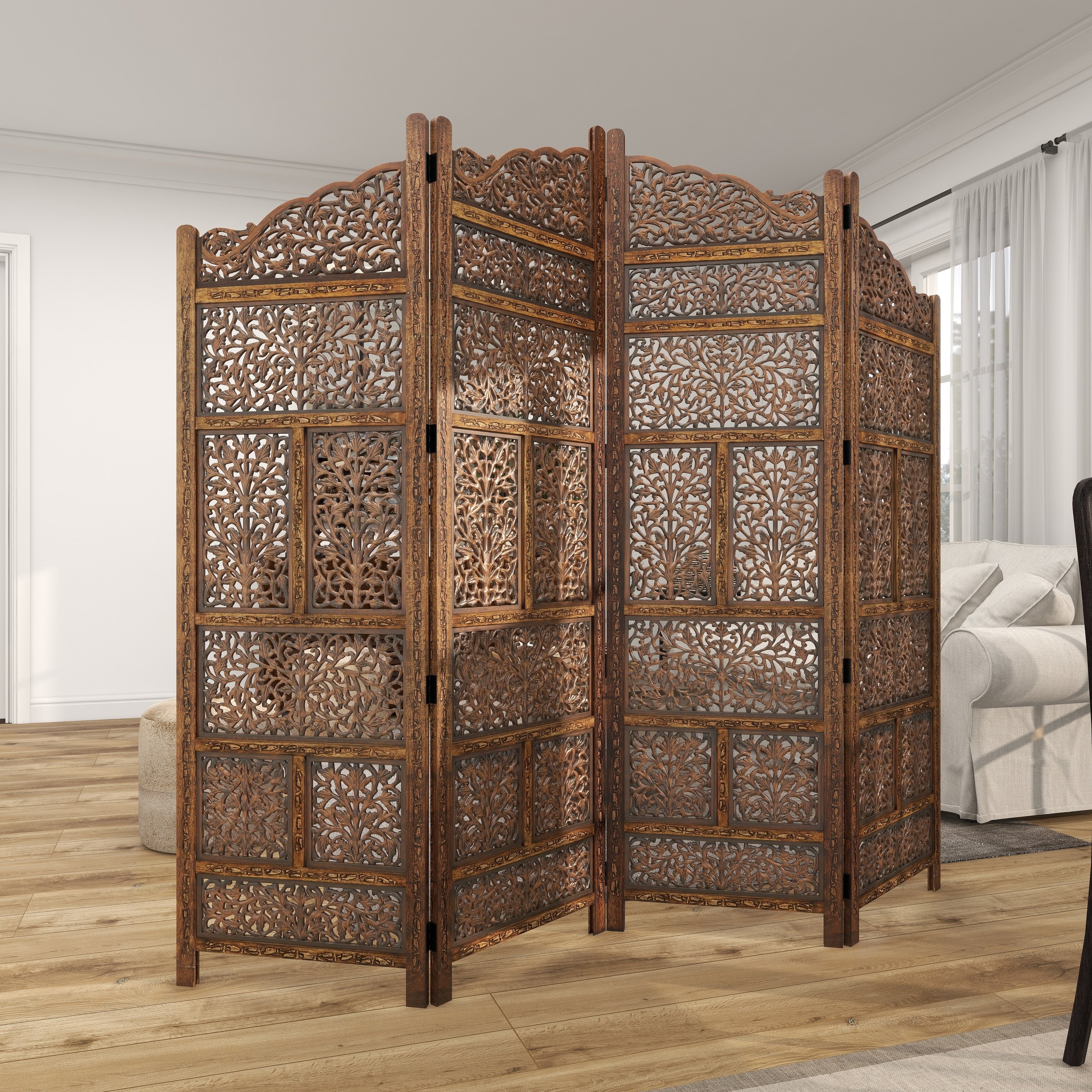 Hand Carved Fold-able 4-Panel Wooden Partition Screen/ Room Divider, Brown