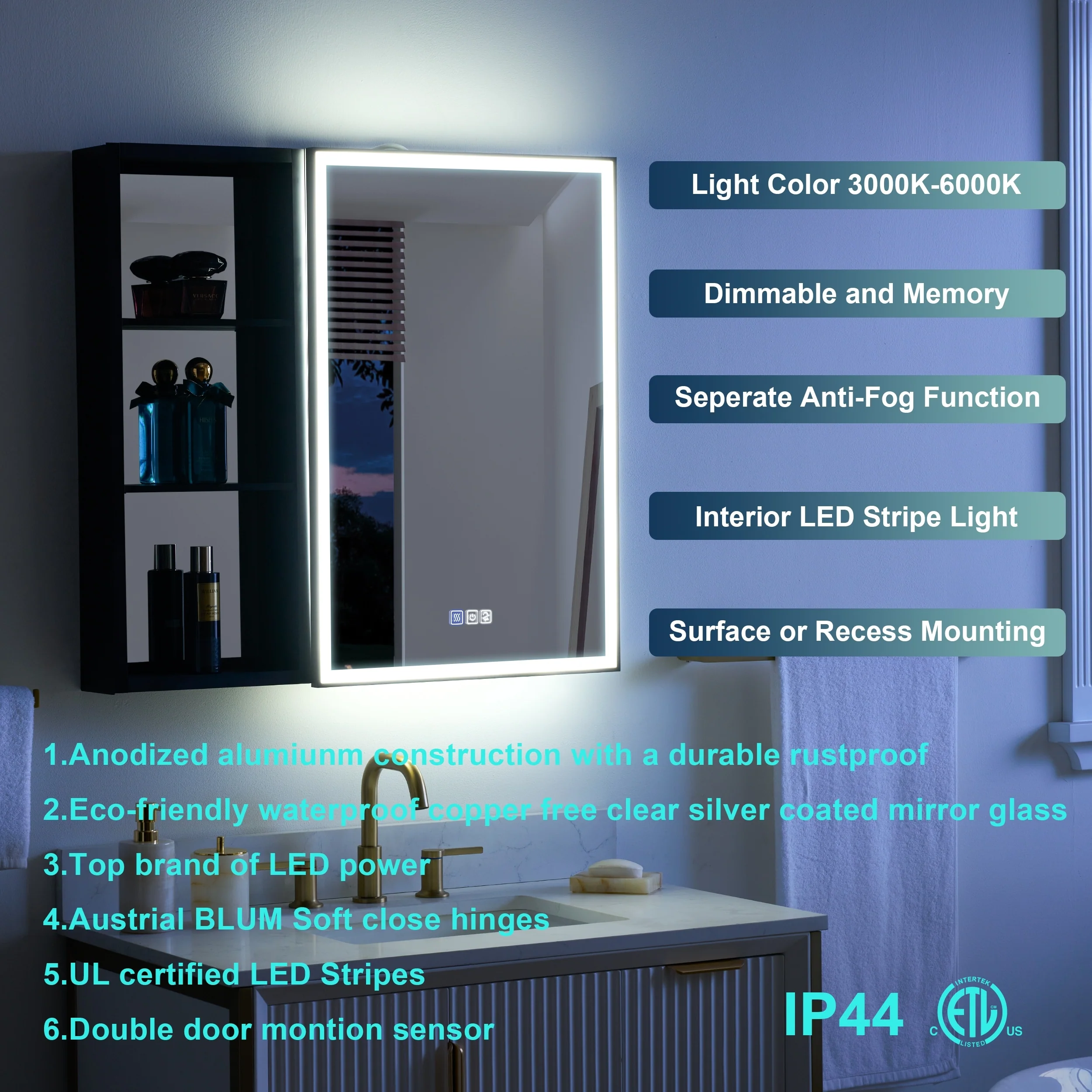 30 in. H Recessed or Surface Wall Mounted LED Mirror Cabinet With Black Side Cabinet