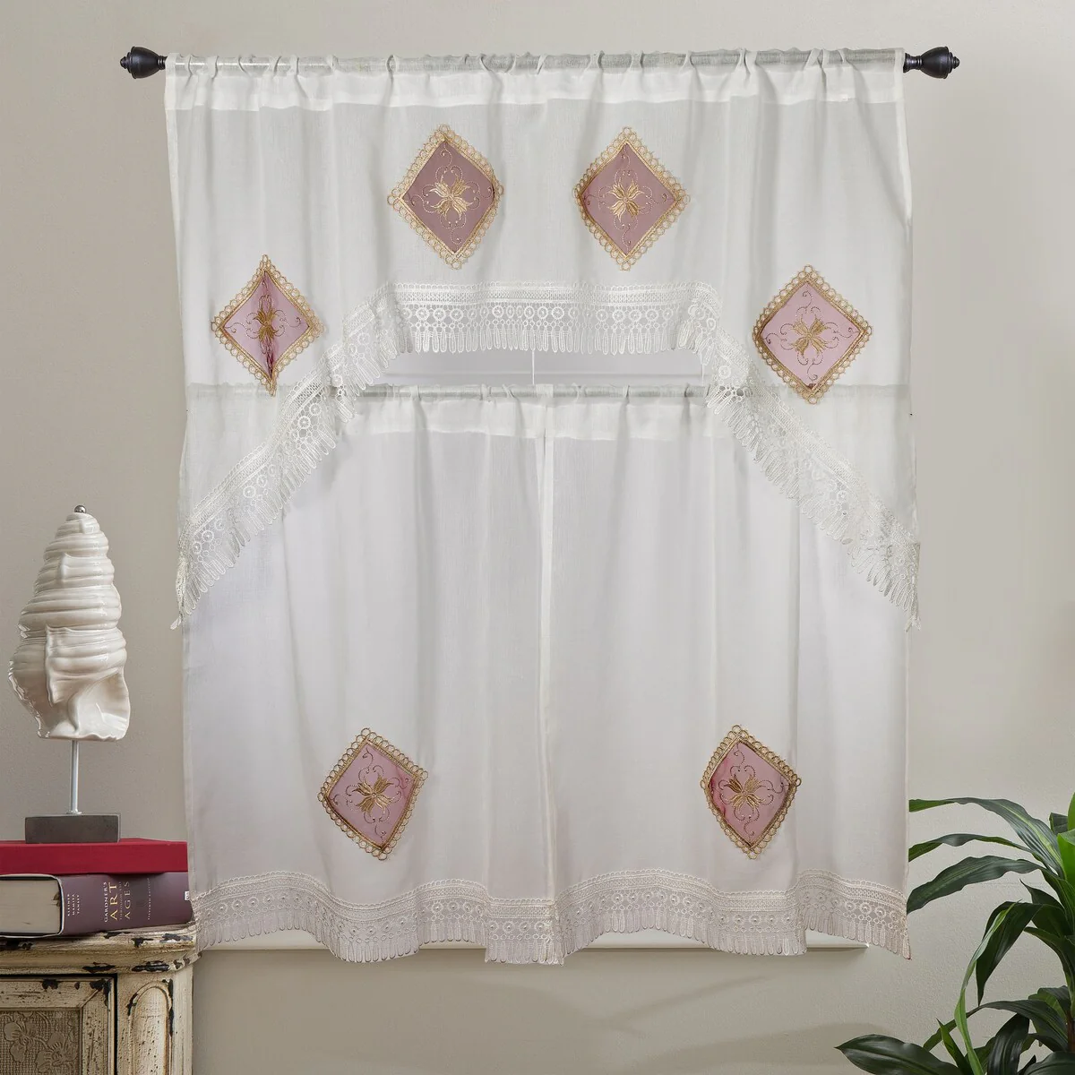 Violet Linen Emerald Sheer Embroidered Burgundy 3pc Set 60