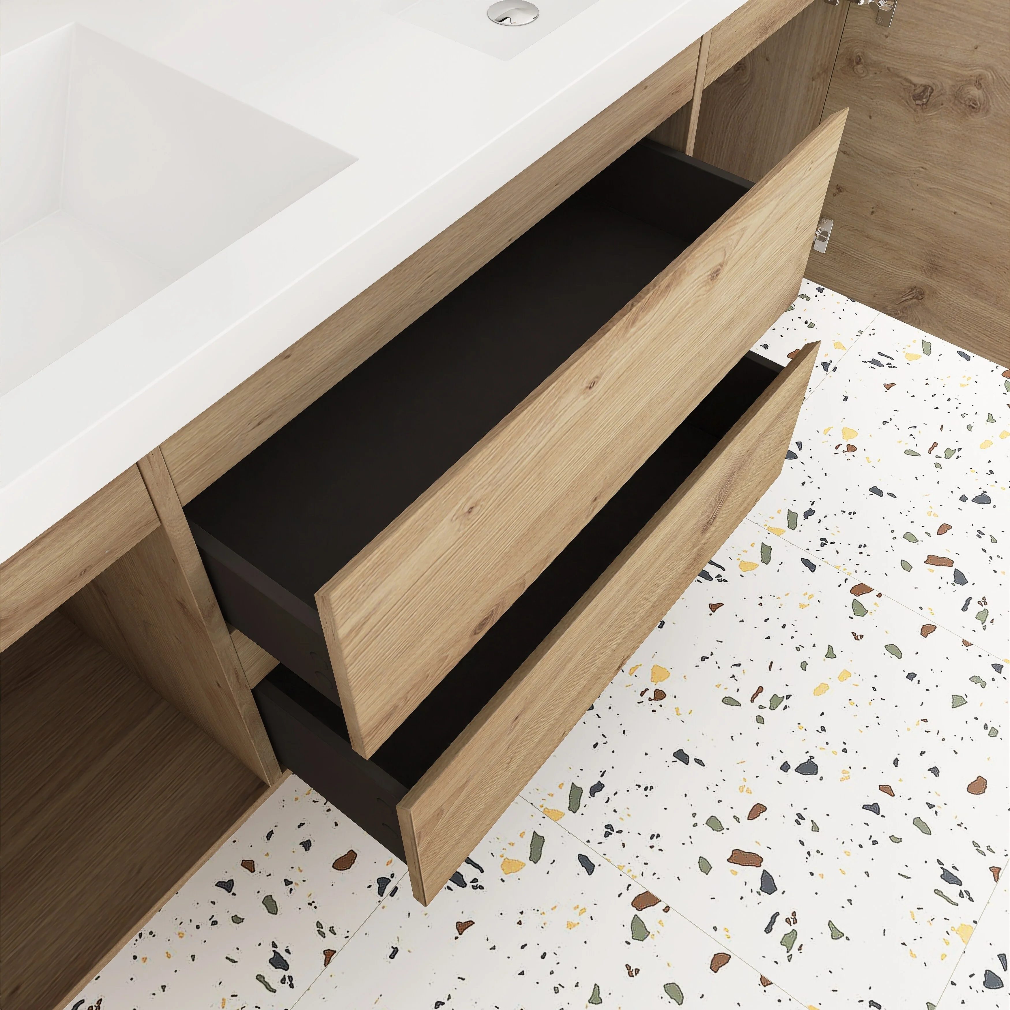 Angela Wall Mounted Bathroom Vanity in F. Oak with White Cultured Marble Top
