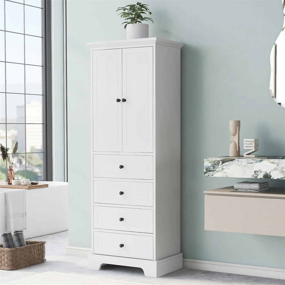 Wooden Storage Cabinet with 2 Doors and 4 Drawers, Adjustable Shelf