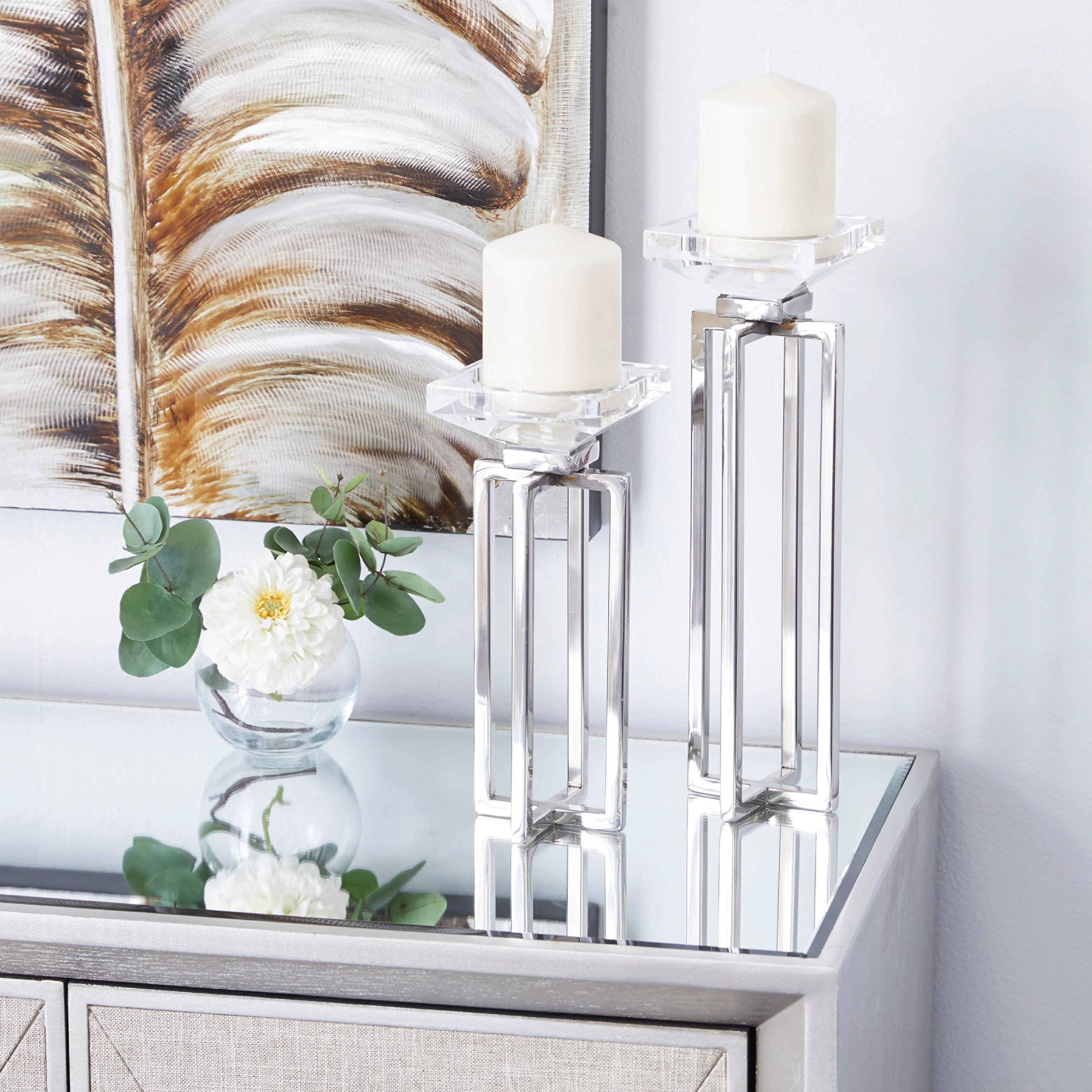 Silver Stainless Steel Candle Holder (Set of 2) - 4 x 4 x 13