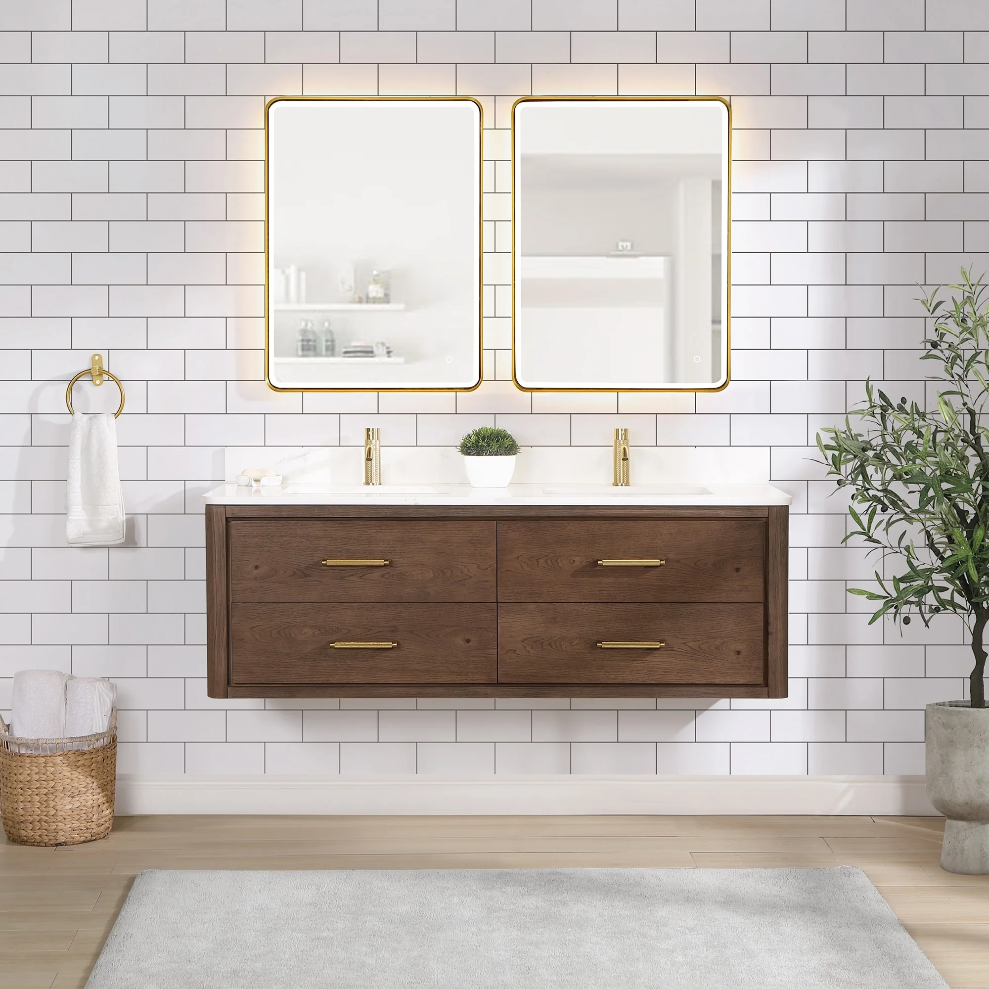 Cristo Floating Bath Vanity with White Quartz Stone Top and Mirror