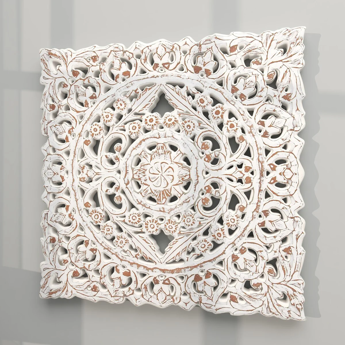 Wooden Floral Handmade Intricately Carved Home Wall Decor with Mandala Design - White - Roche River Decor
