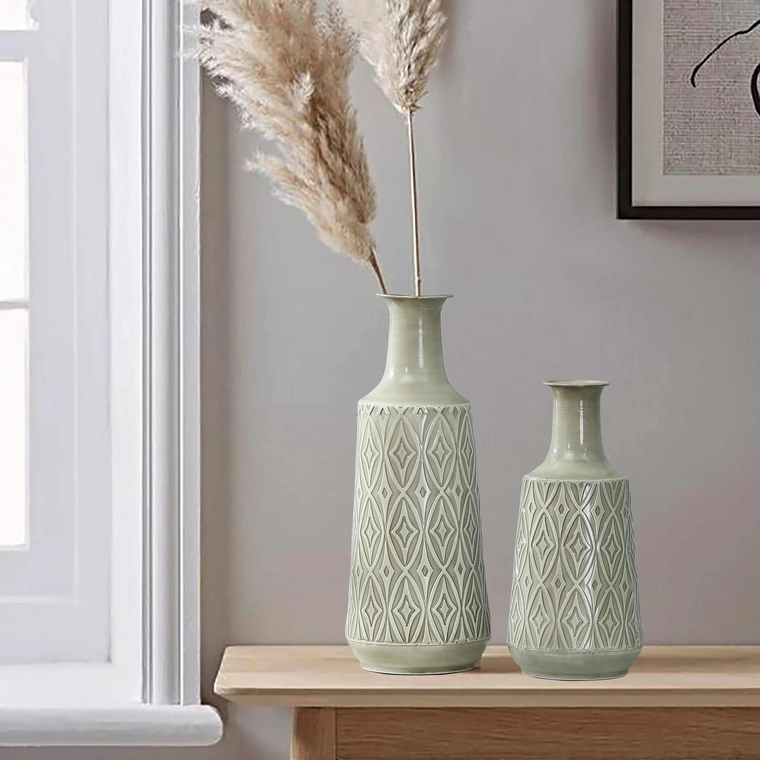 Vintage Grey and Green Metal Bottle Vases (Set of 2)