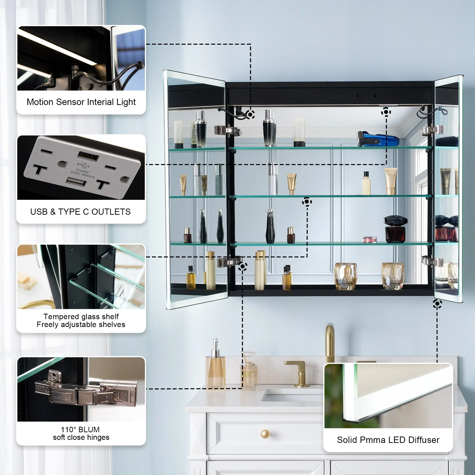 30'' H Recessed Or Surface Wall Mounted LED Mirror Cabinet With Mirror And Adjustable Shelves,Black Frame