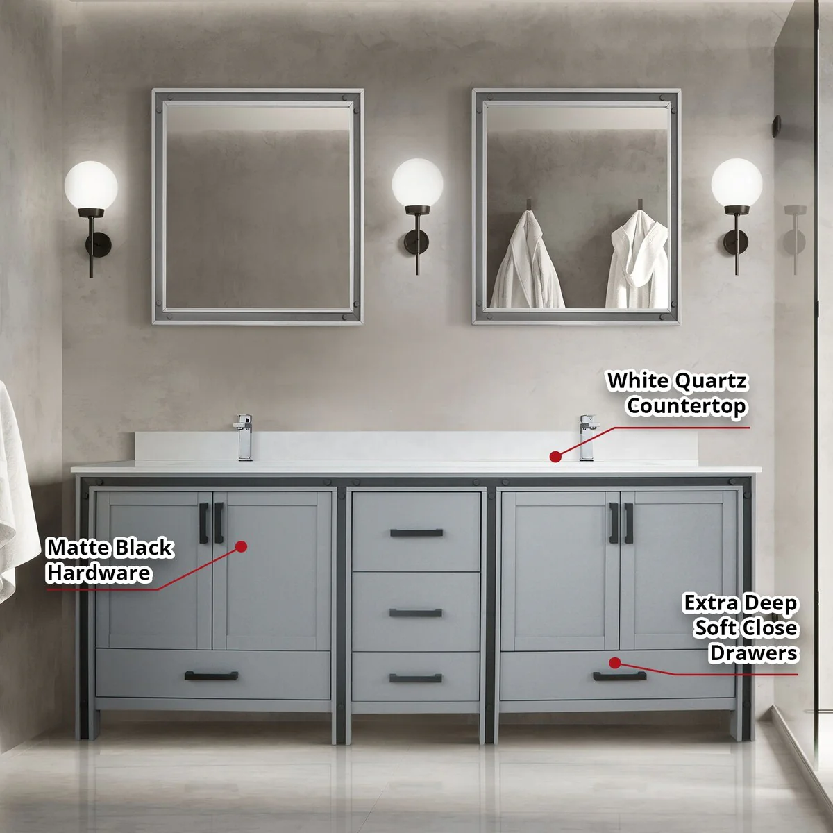 Ziva 80 in W x 22 in D White Double Bath Vanity, White Quartz Top, Faucet Set and 30 in Mirrors