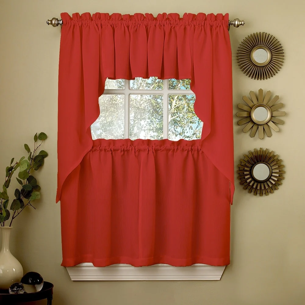 Opaque Red Ribcord Kitchen Curtain Pieces - Tiers/ Valances/ Swags