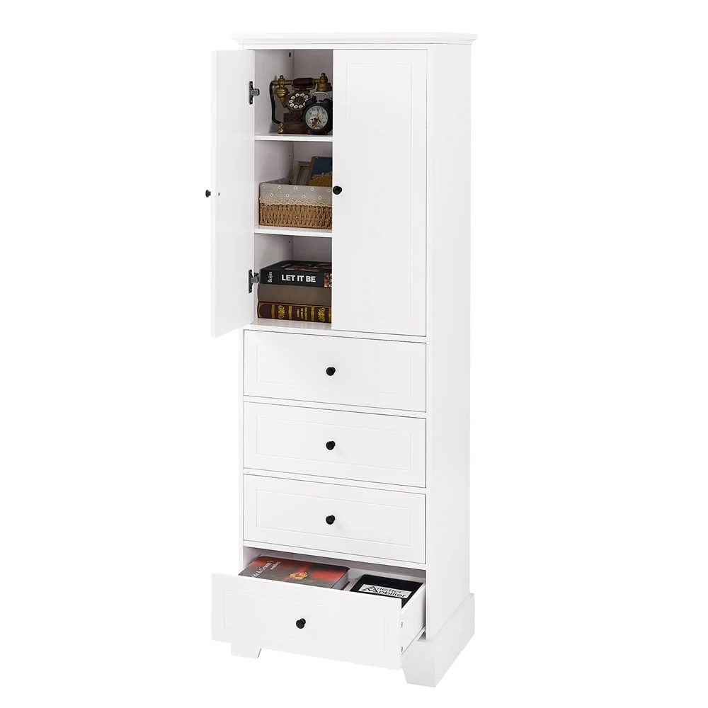Wooden Storage Cabinet with 2 Doors and 4 Drawers, Adjustable Shelf