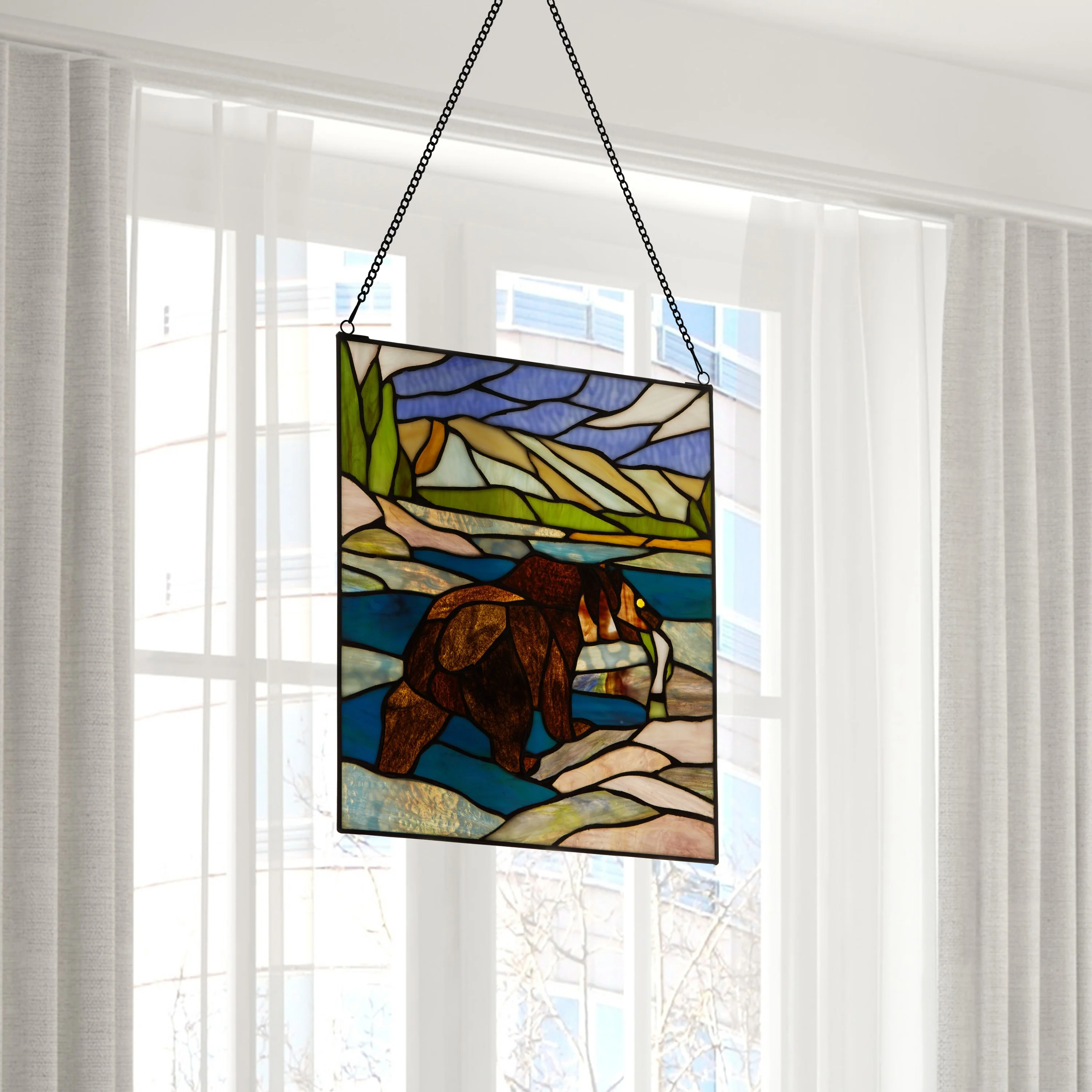 River of Goods Fishing Bear Scene River of Goods Stained Glass Window Panel - 12
