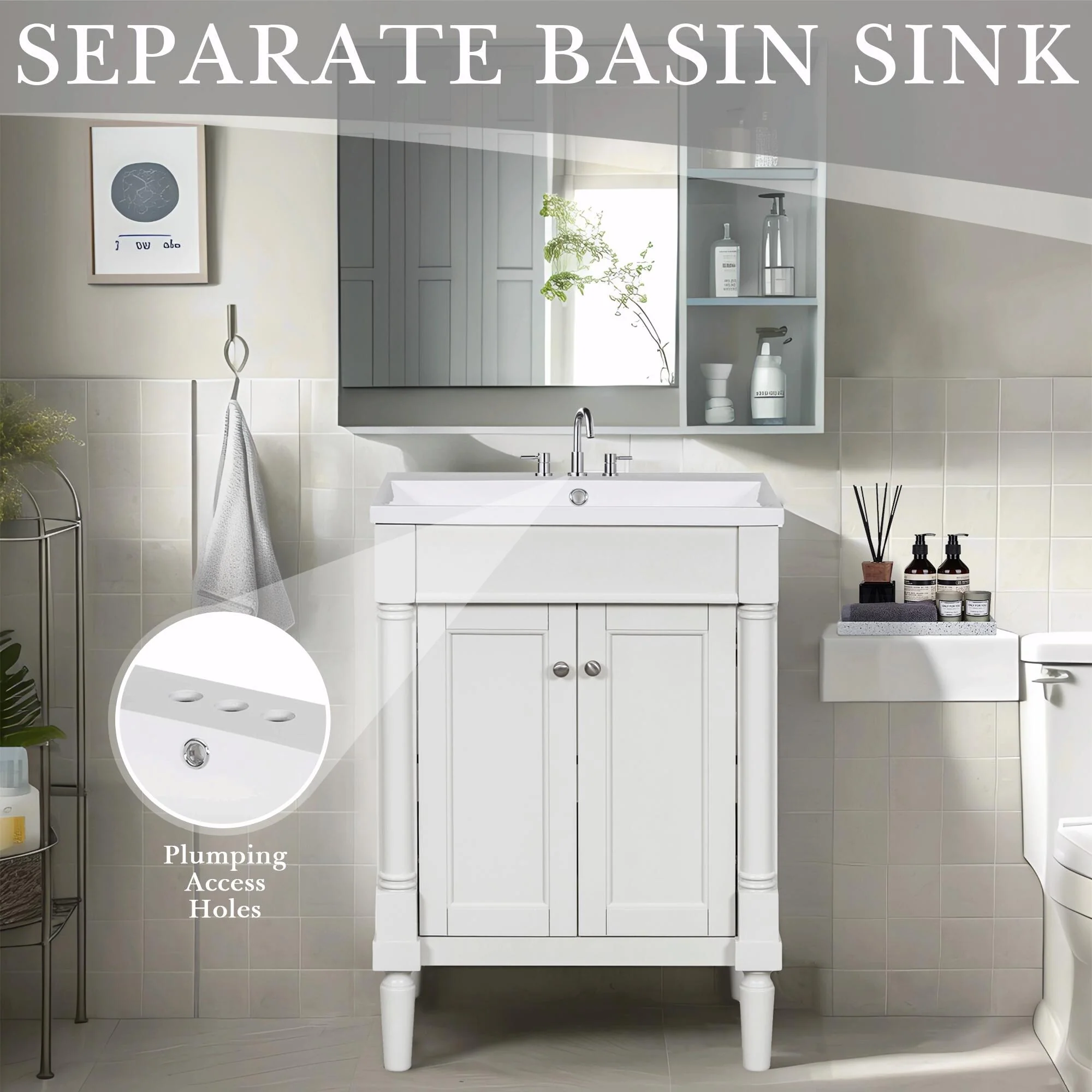 24'' Bathroom Vanity with Top Sink: Modern 2-Tier Storage Cabinet, Single Sink, Large Shelves