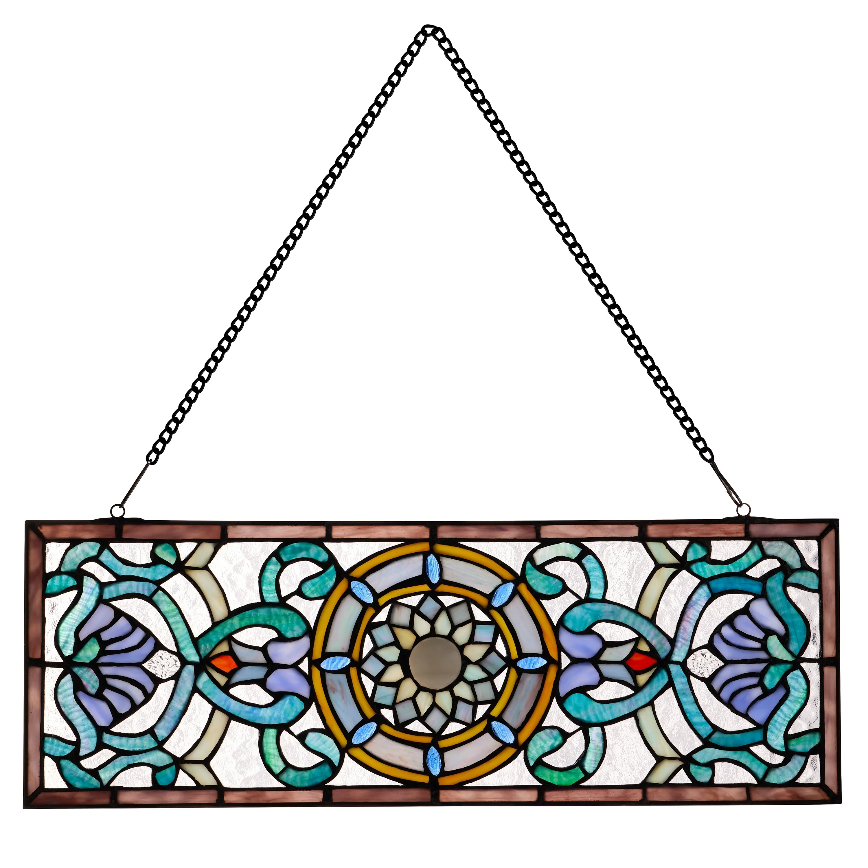 Flourished and Flowers River of Goods Shades of Blue Stained Glass Window Panel - 24