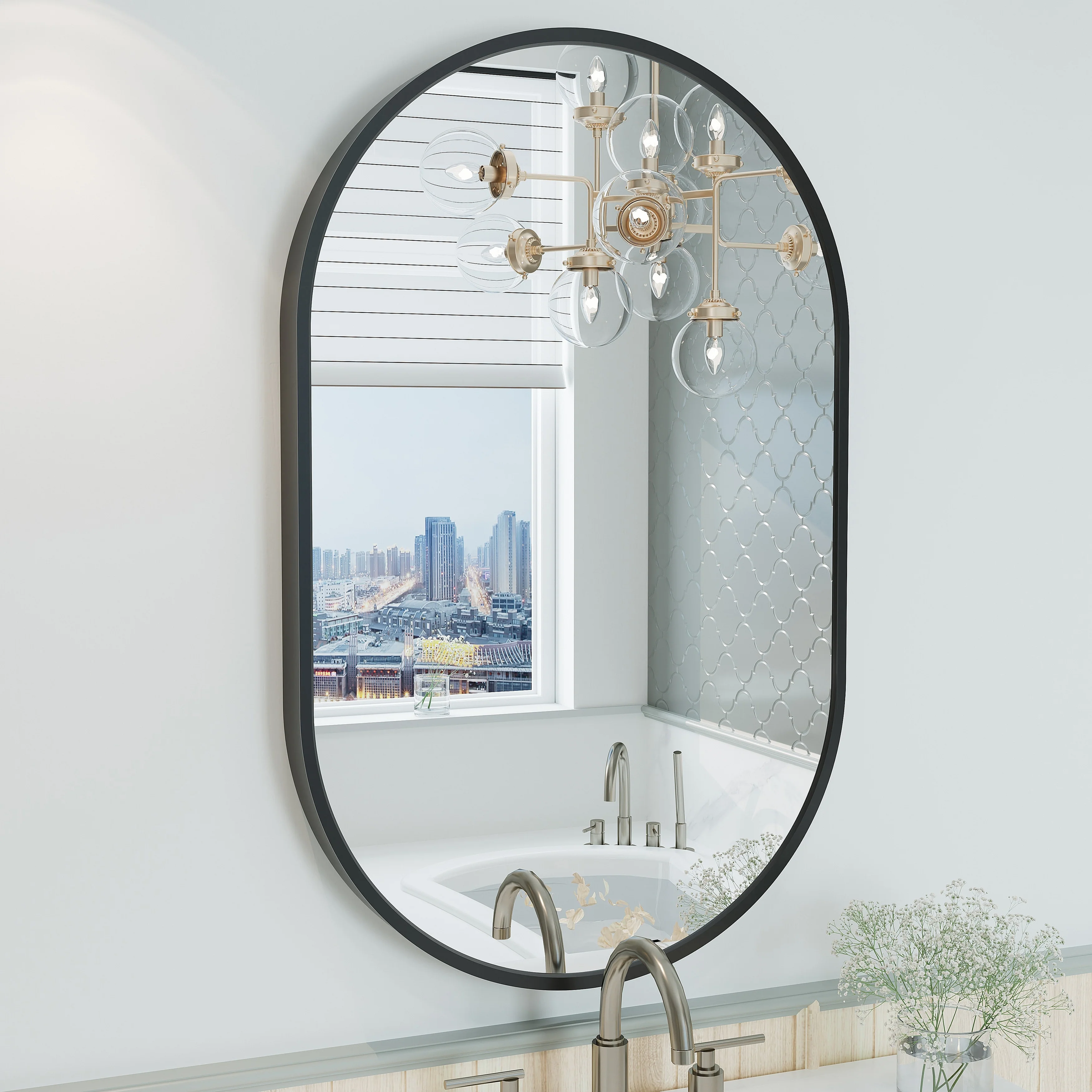 Apmir Oval Wall Mirror Black Metal Framed Bathroom Vanity Mirror