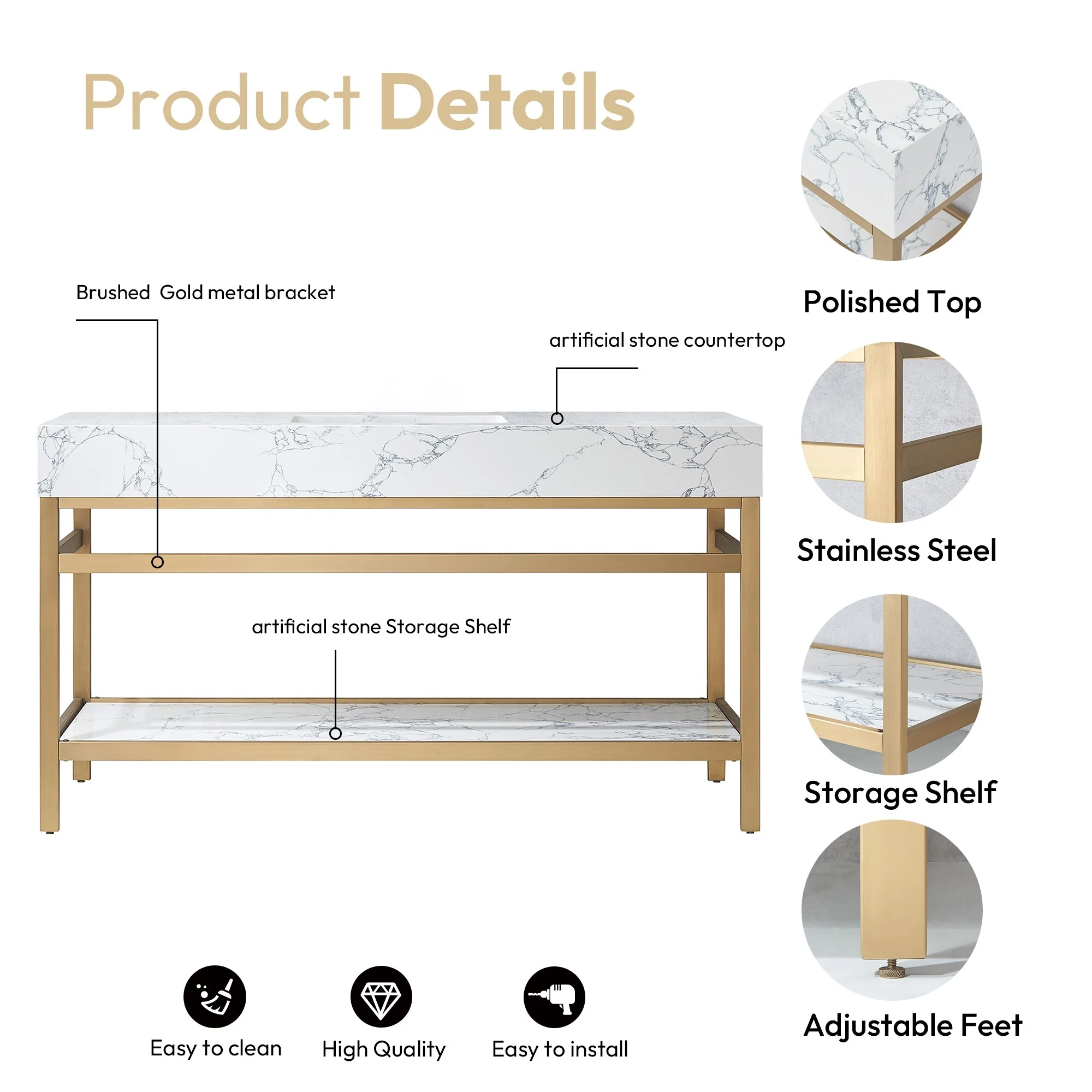 Ecija Bath Vanity, Metal Support with Composite Stone Top, no Mirror