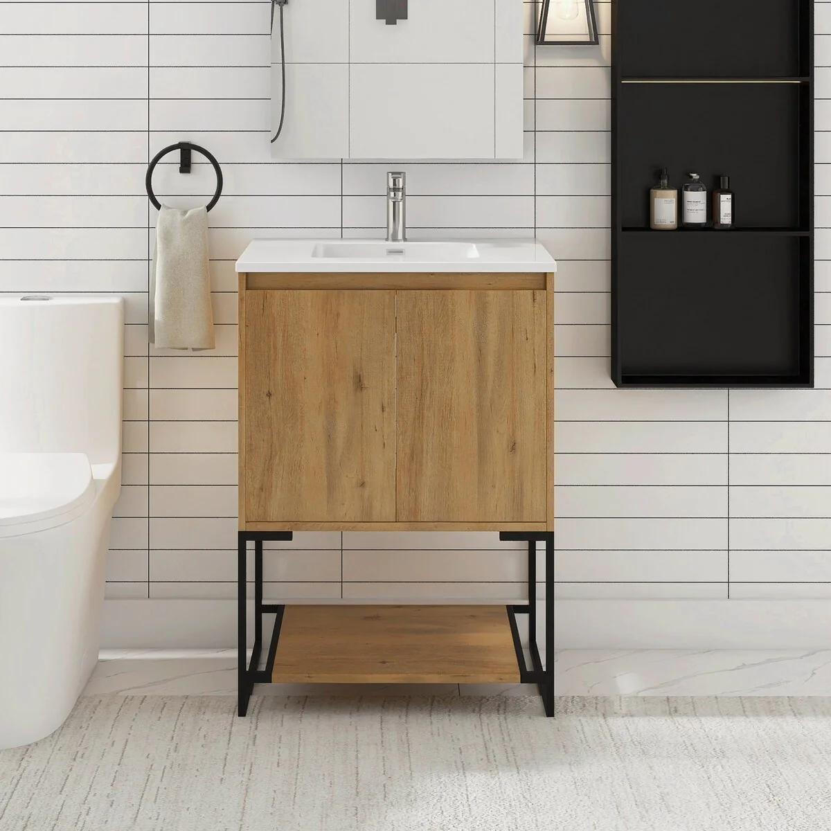 Freestanding Bathroom Vanity Set in Oak with Integrated Solid Surface Sink
