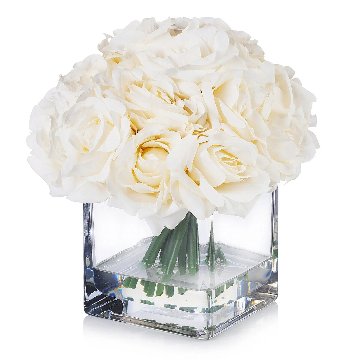 Enova Home Artificial 18 Pieces Fake Roses Silk Flowers Arrangement in Cube Glass Vase for Home Wedding Party Decoration