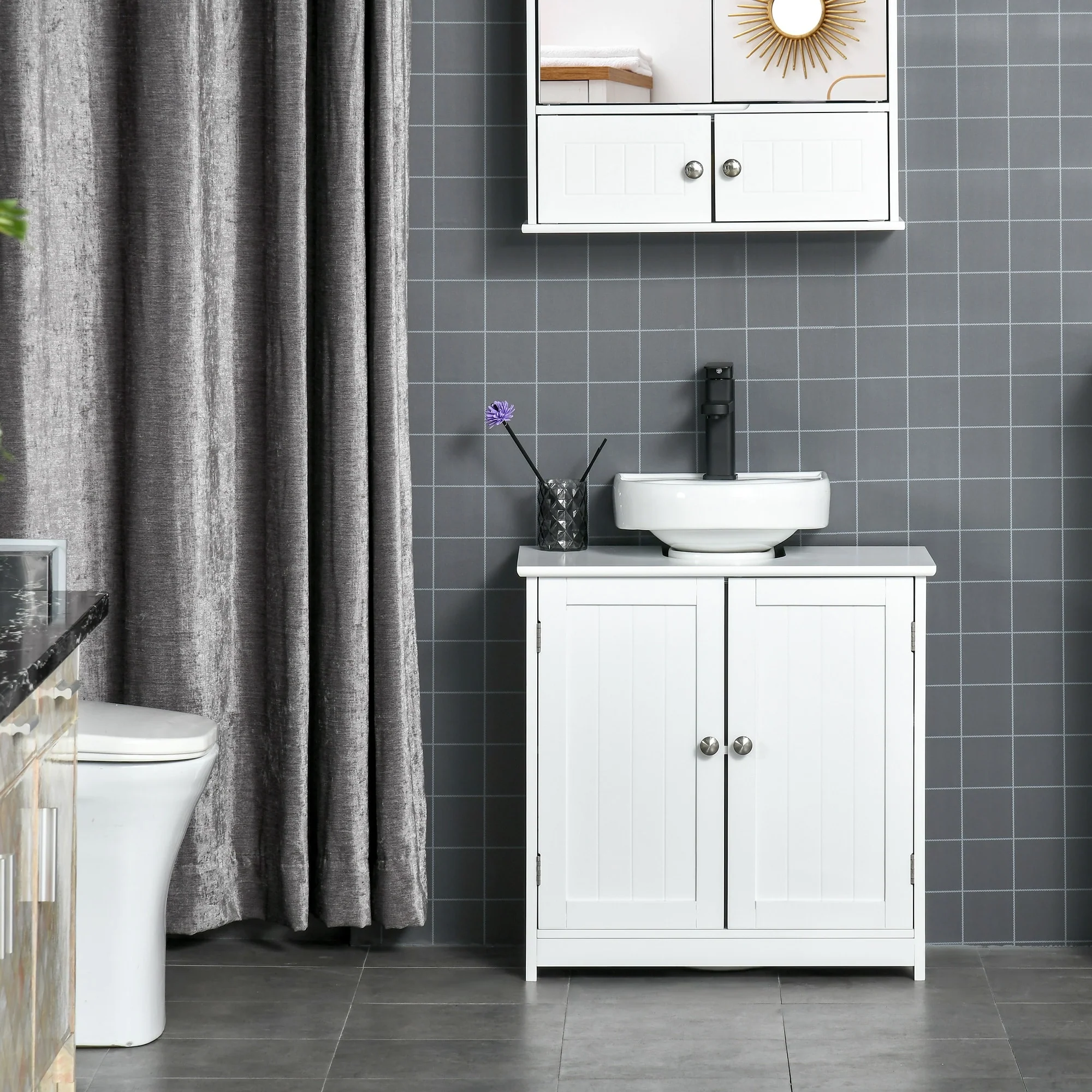 kleankin Vanity Base Cabinet, Under-Sink Bathroom Cabinet Storage with U-Shape Cut-Out, White and Grey