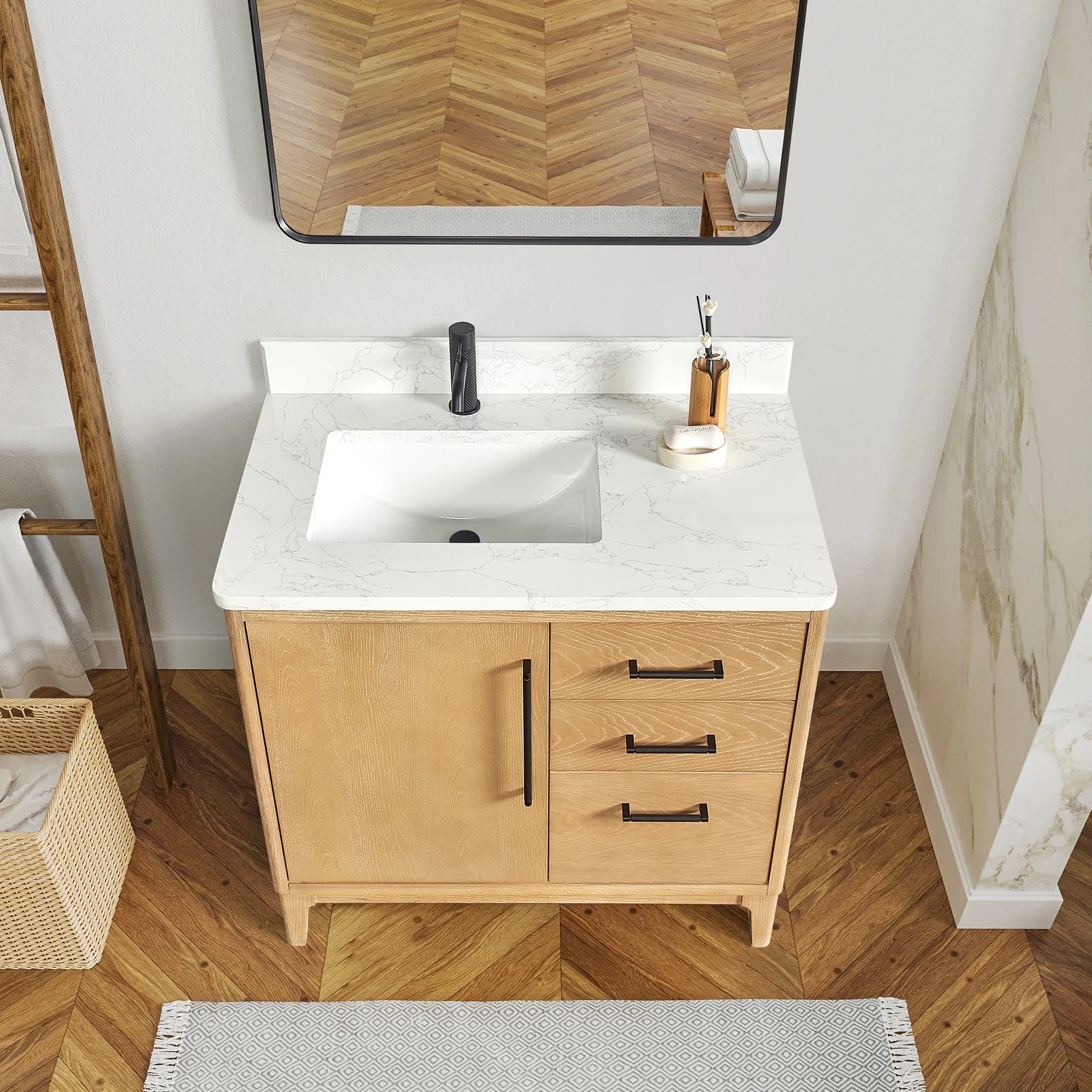 Gara Single Bath Vanity with Composite Stone Top and Mirror
