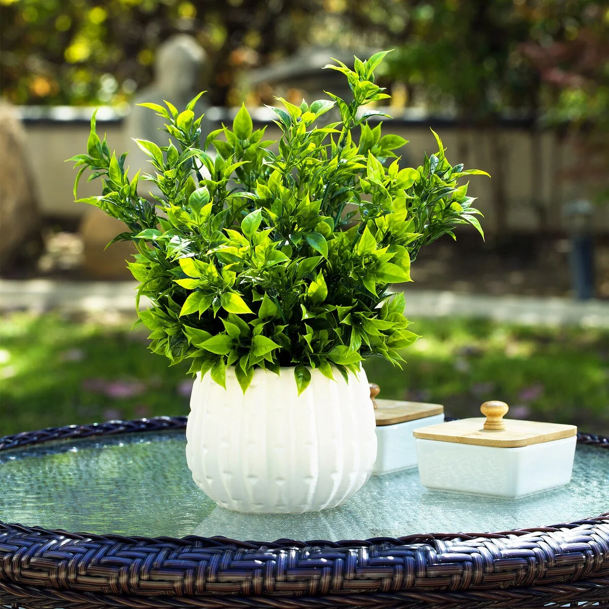 Enova Home 12 inches Artificial Mixed Greenery Foliage Fake Plants in White Ceramic Pot for Home Garden Decoration - N/A