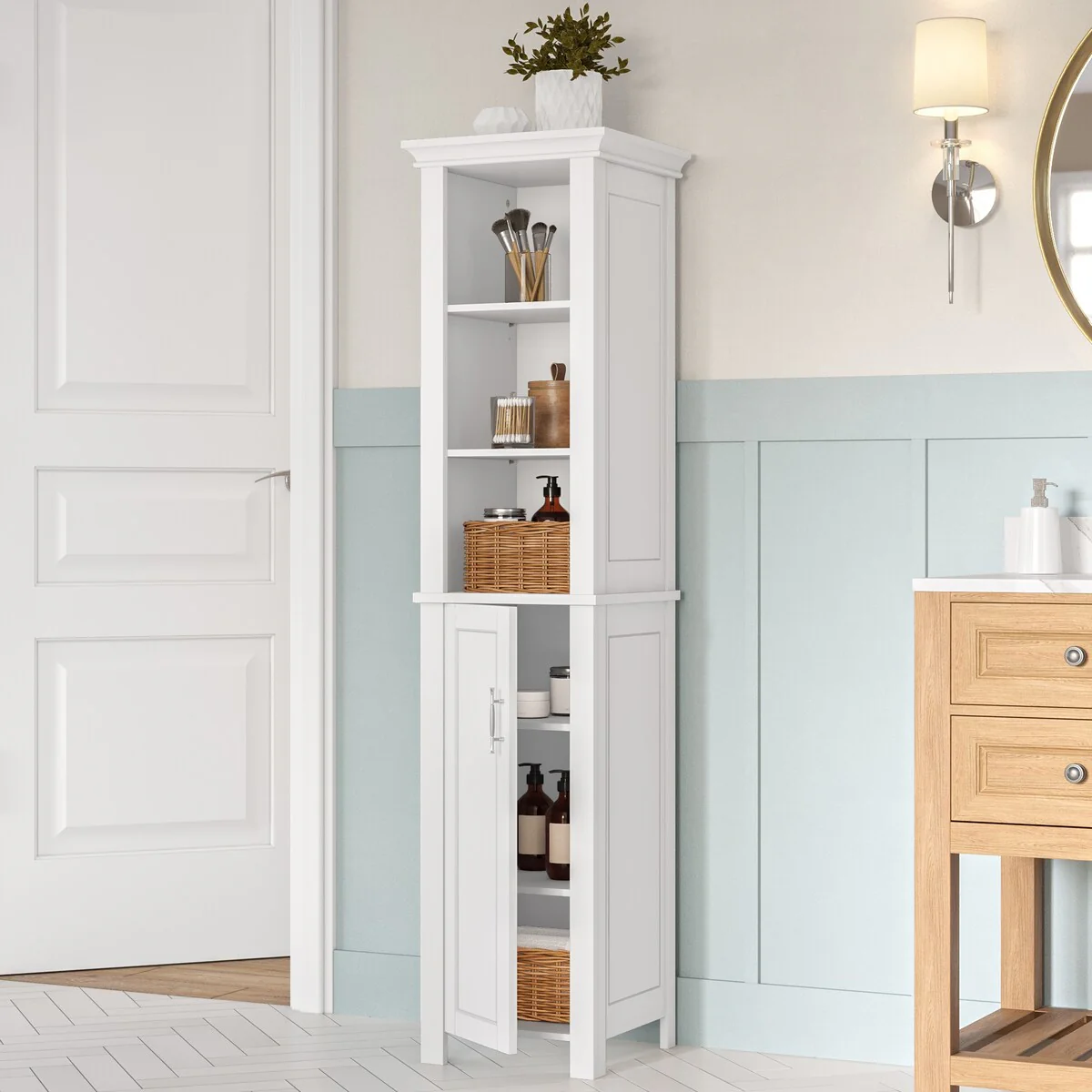 RiverRidge Somerset Single Door Tall Bathroom Cabinet Storage Organizer with an Open and Adjustable Shelves - White