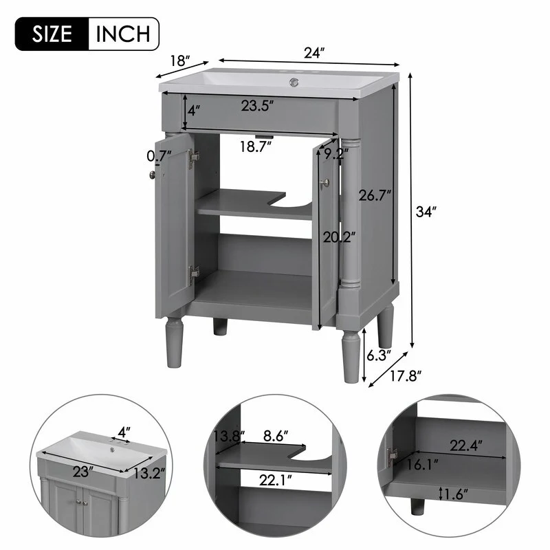 24'' Bathroom Vanity with Top Sink: Modern 2-Tier Storage Cabinet, Single Sink, Large Shelves