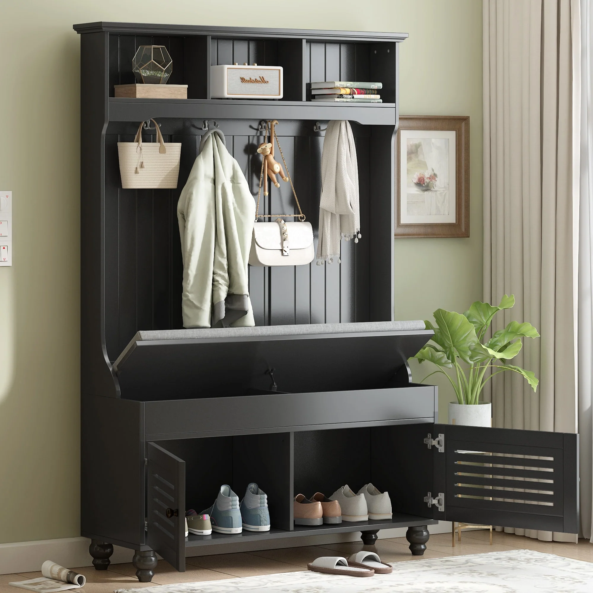 Entryway Bench Hall Tree with Shutter-Shaped Doors