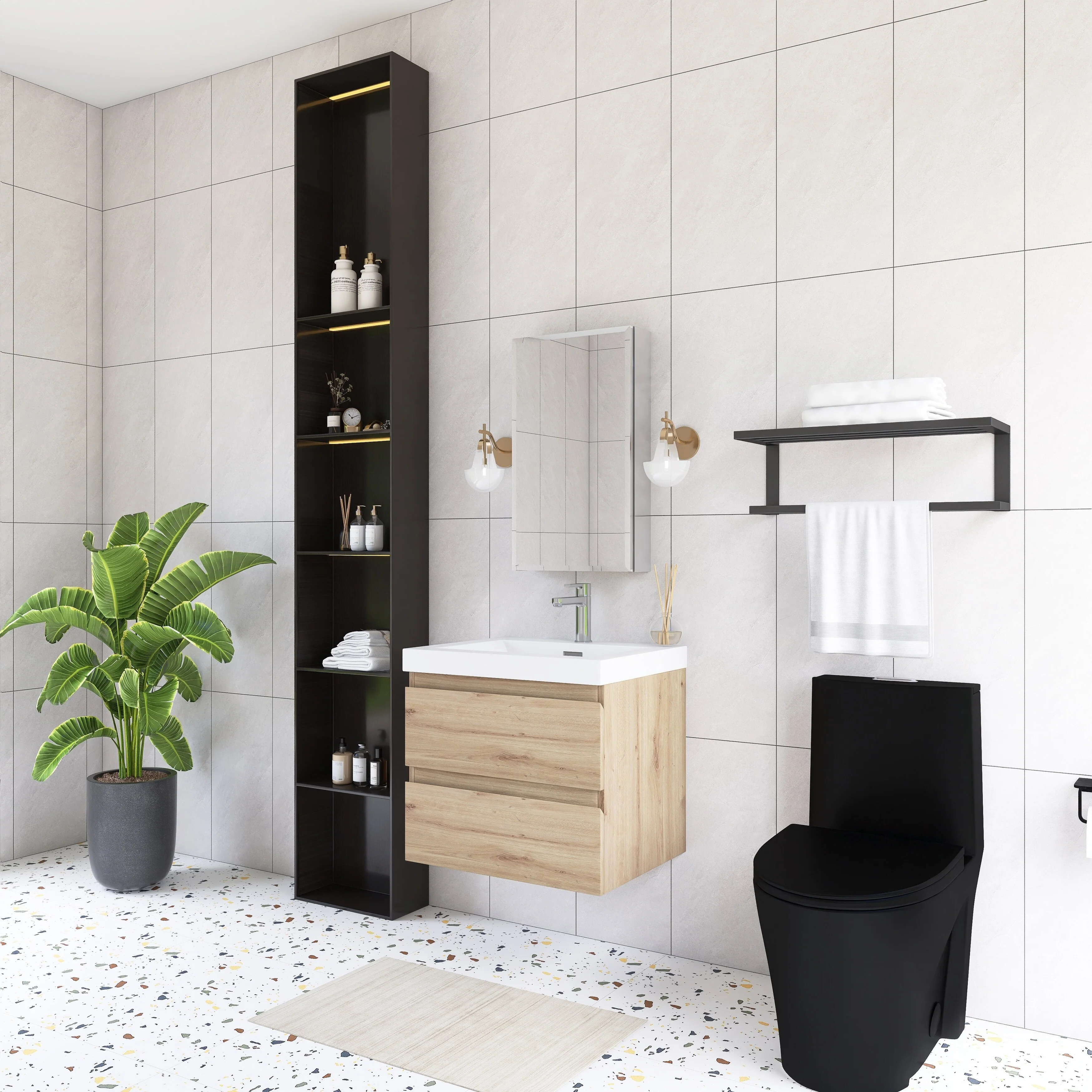 Angela Wall Mounted Bathroom Vanity in F. Oak with White Cultured Marble Top