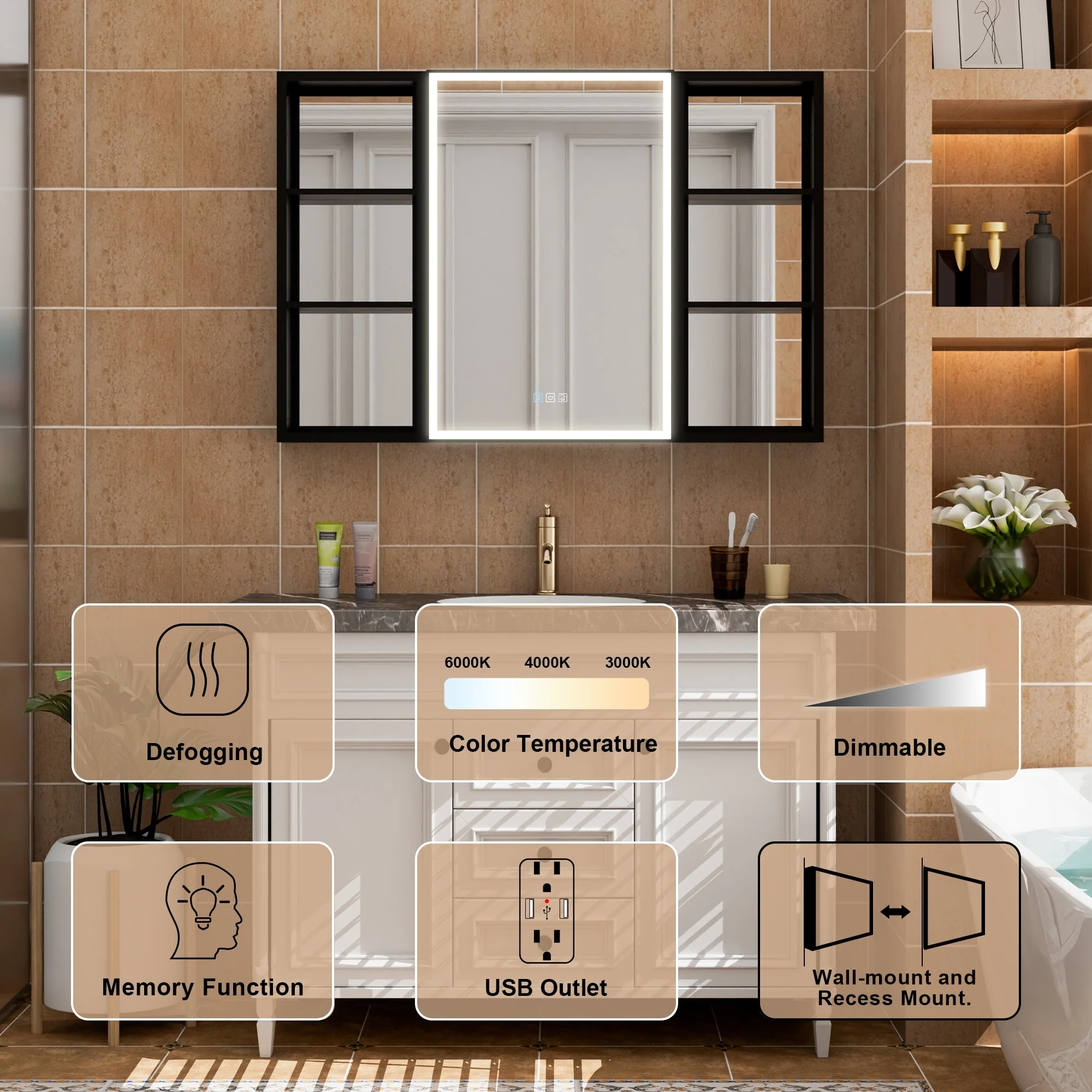 30 in. H Recessed or Surface Wall Mounted LED Mirror Cabinet With Black Side Cabinet