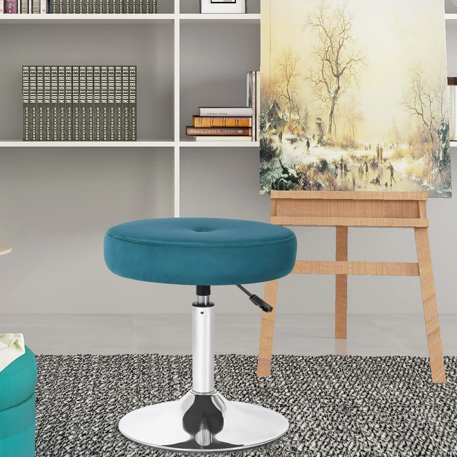 Adeco Adjustable Velvet Round Ottoman Swivel Vanity Stool Makeup Chair