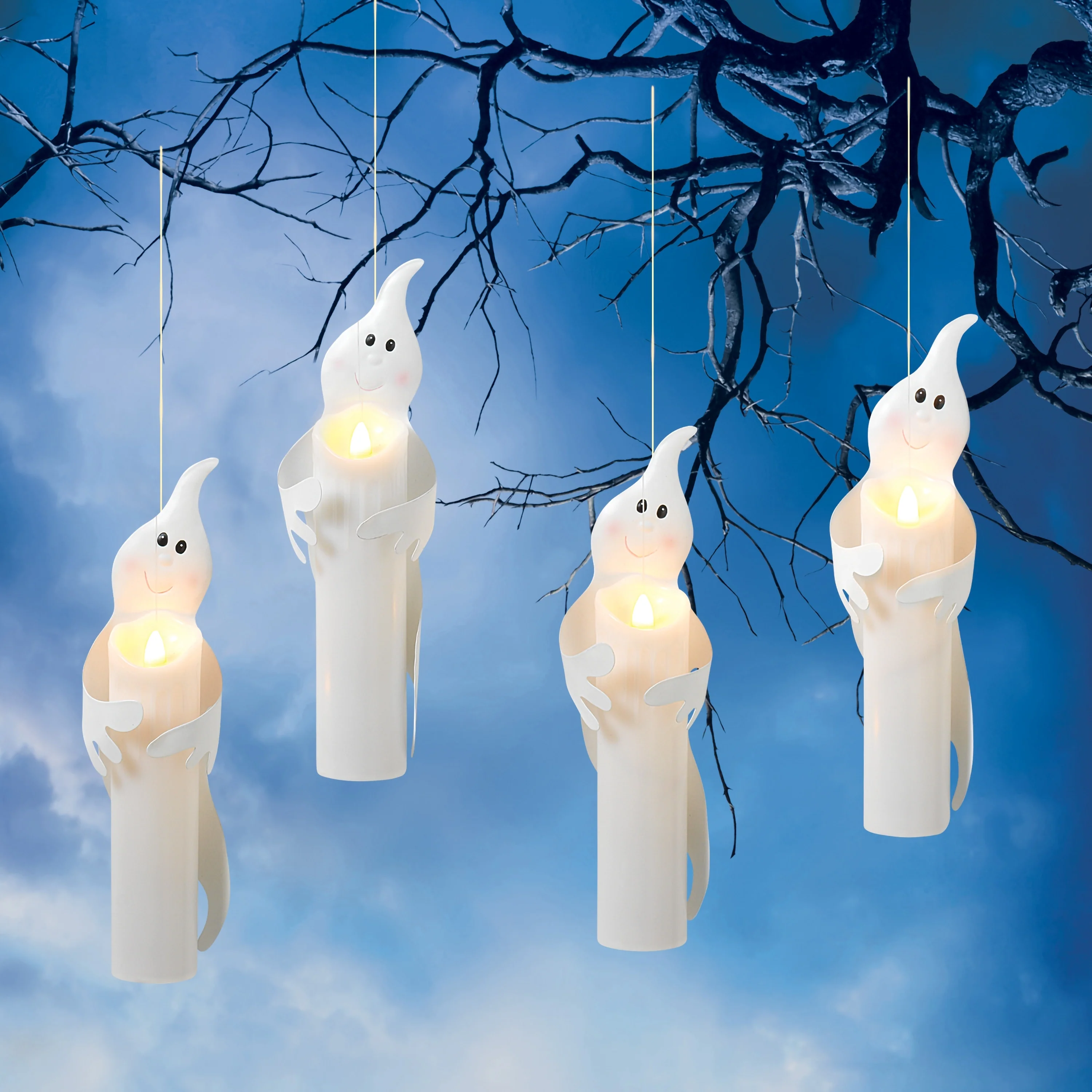 Set of 4 11.2in H BO Lighted Hanging Ghost Candles - N/A