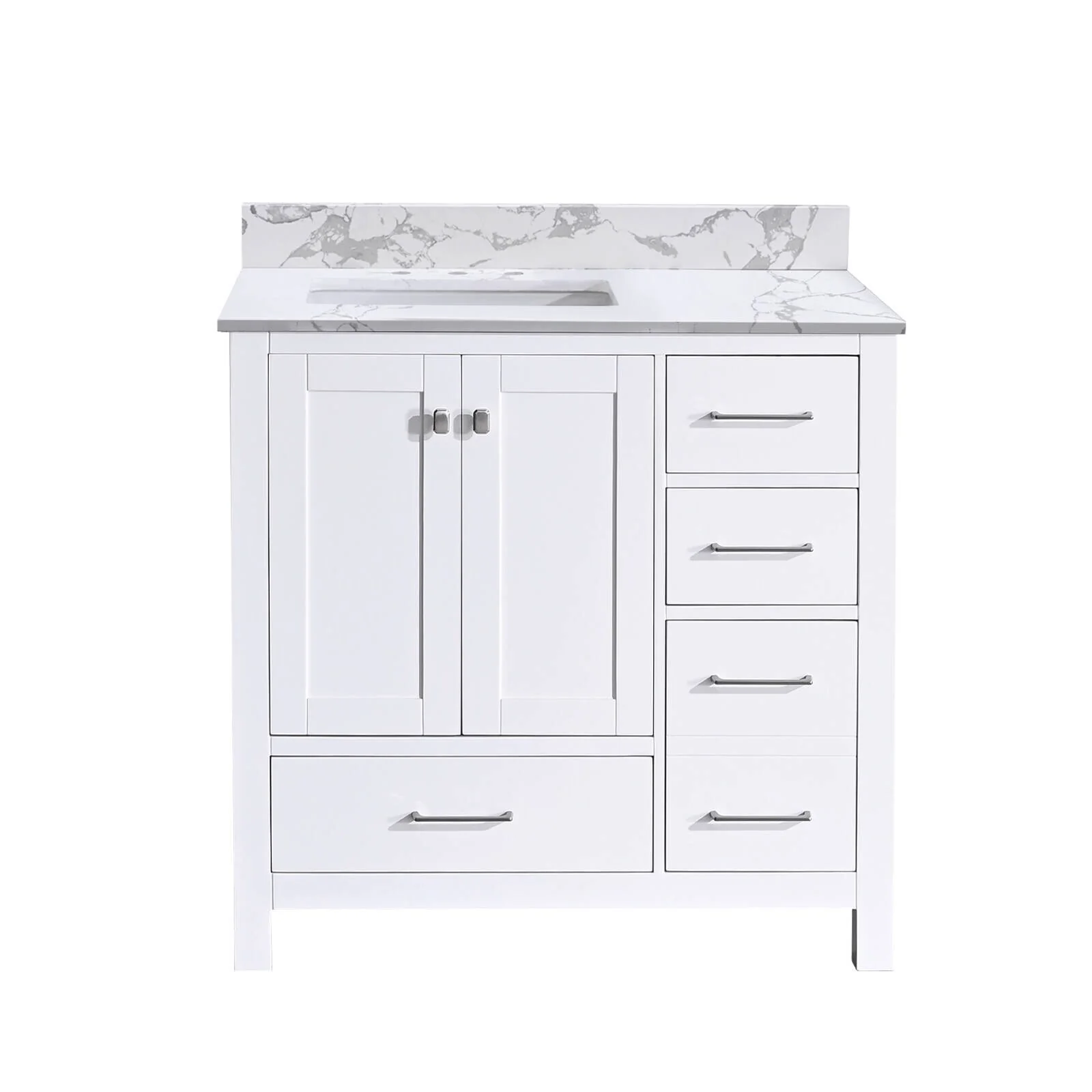 Prismatica 36 in. White Vanity with Countertop & Splash, Left Sink