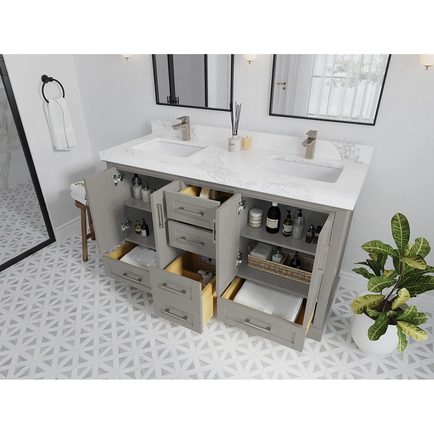 Willow Collection 60 in W x 22 in D x 36 in H Boston Double Bowl Sink Bathroom Vanity with Countertop