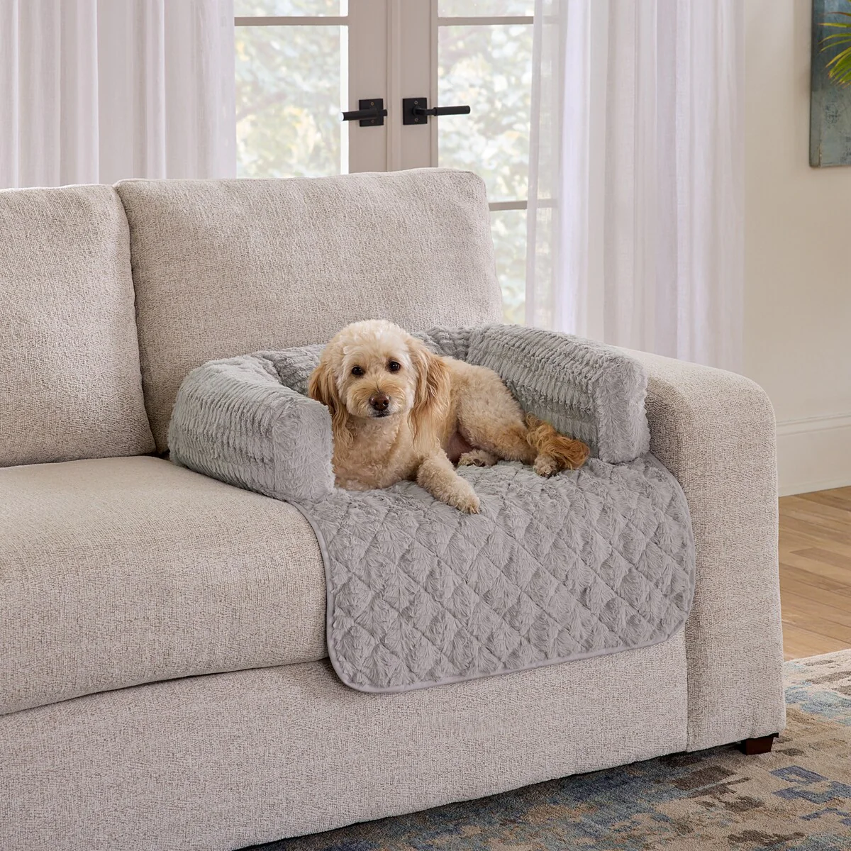 SureFit Pet Fido Fur 3-Sided Bolster Pet Bed, Couch Protector