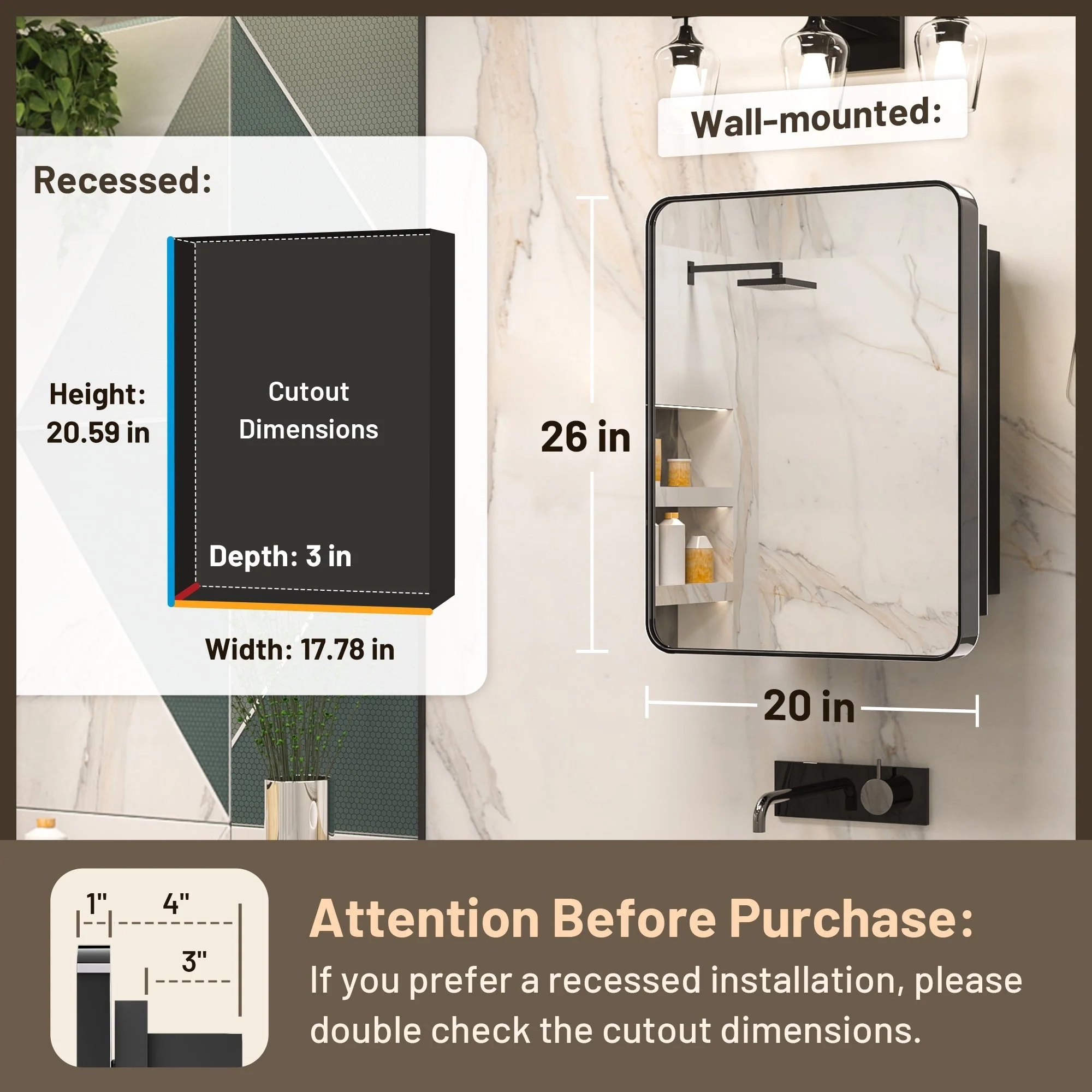 KEONJINN Medicine Cabinets for Bathroom with Mirror, Stainless Steel 1-3 Framed Doors