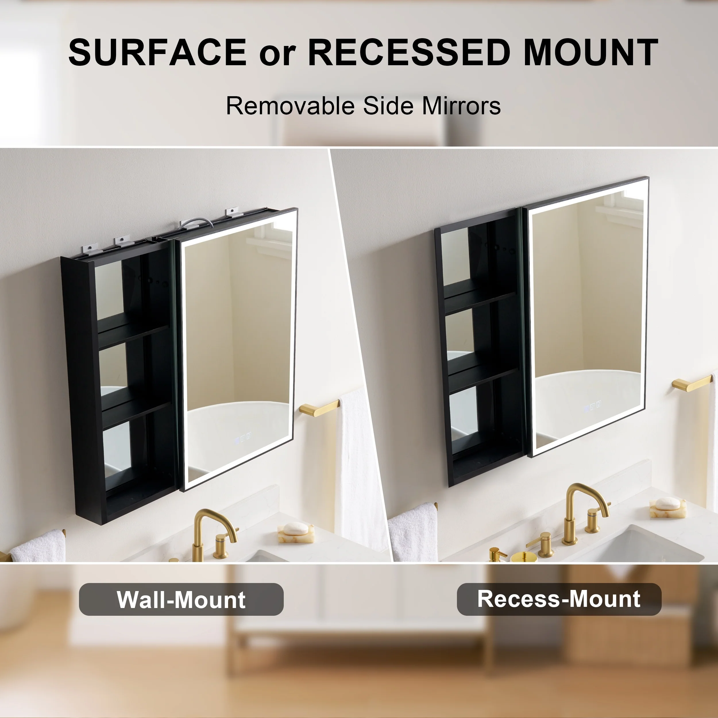 30 in. H Recessed or Surface Wall Mounted LED Mirror Cabinet With Black Side Cabinet